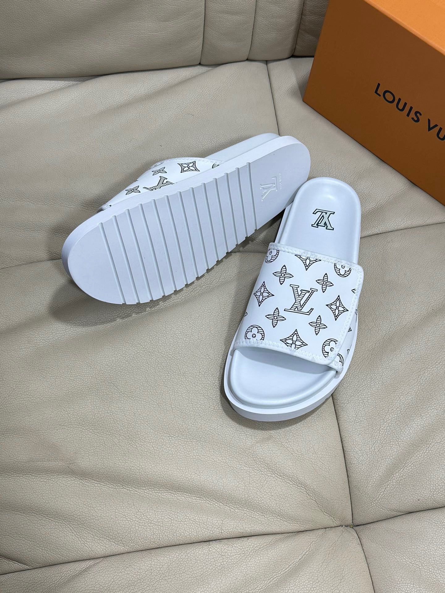 LV Monogram Velcro Slippers In White