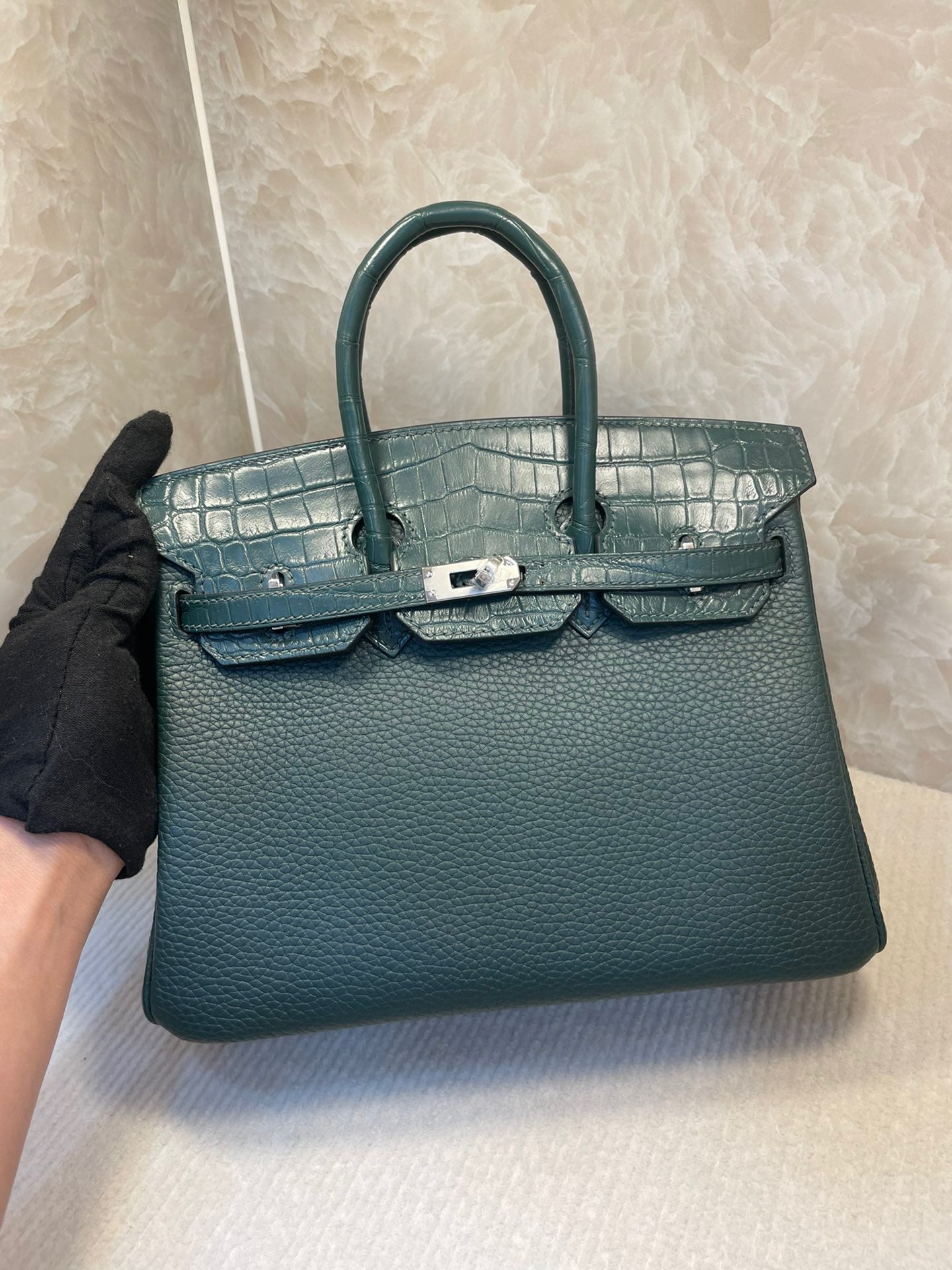 Hermes Touch Birkin 25 Bag in Green Clemence and Matte Alligator Leather