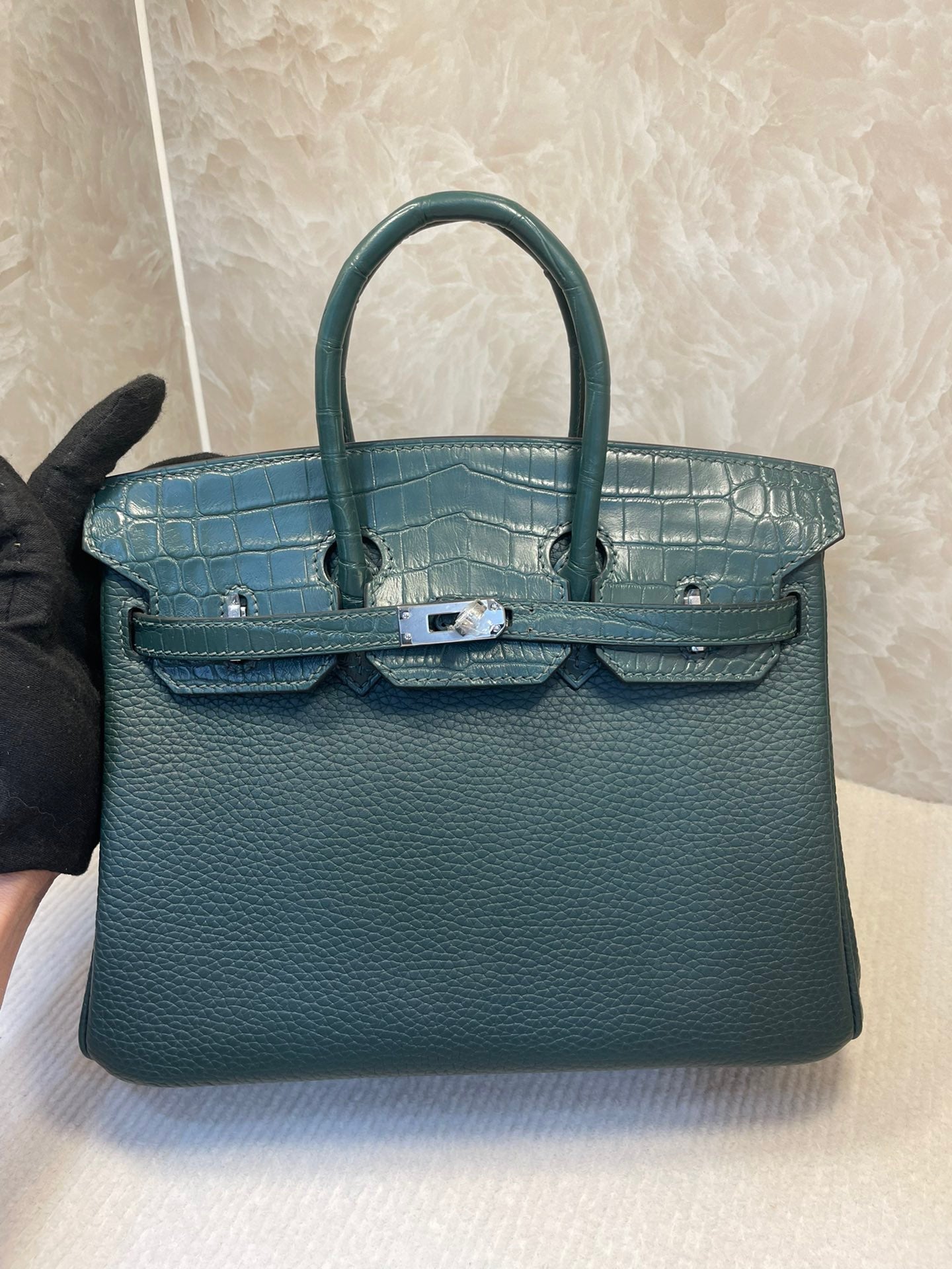 Hermes Touch Birkin 25 Bag in Green Clemence and Matte Alligator Leather