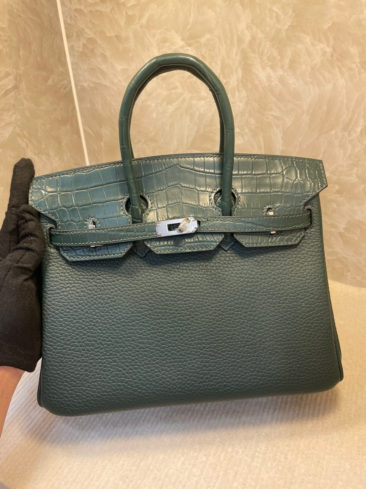 Hermes Touch Birkin 25 Bag in Green Clemence and Matte Alligator Leather