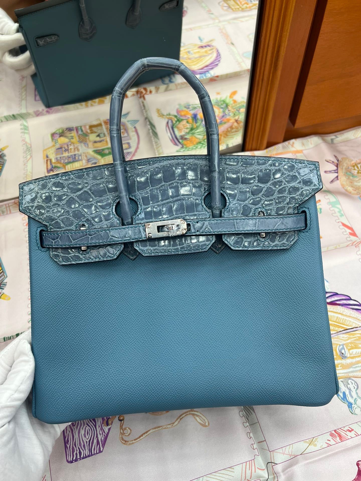 Hermes Touch Birkin 25 Bag in Blue Clemence and Matte Alligator Leather