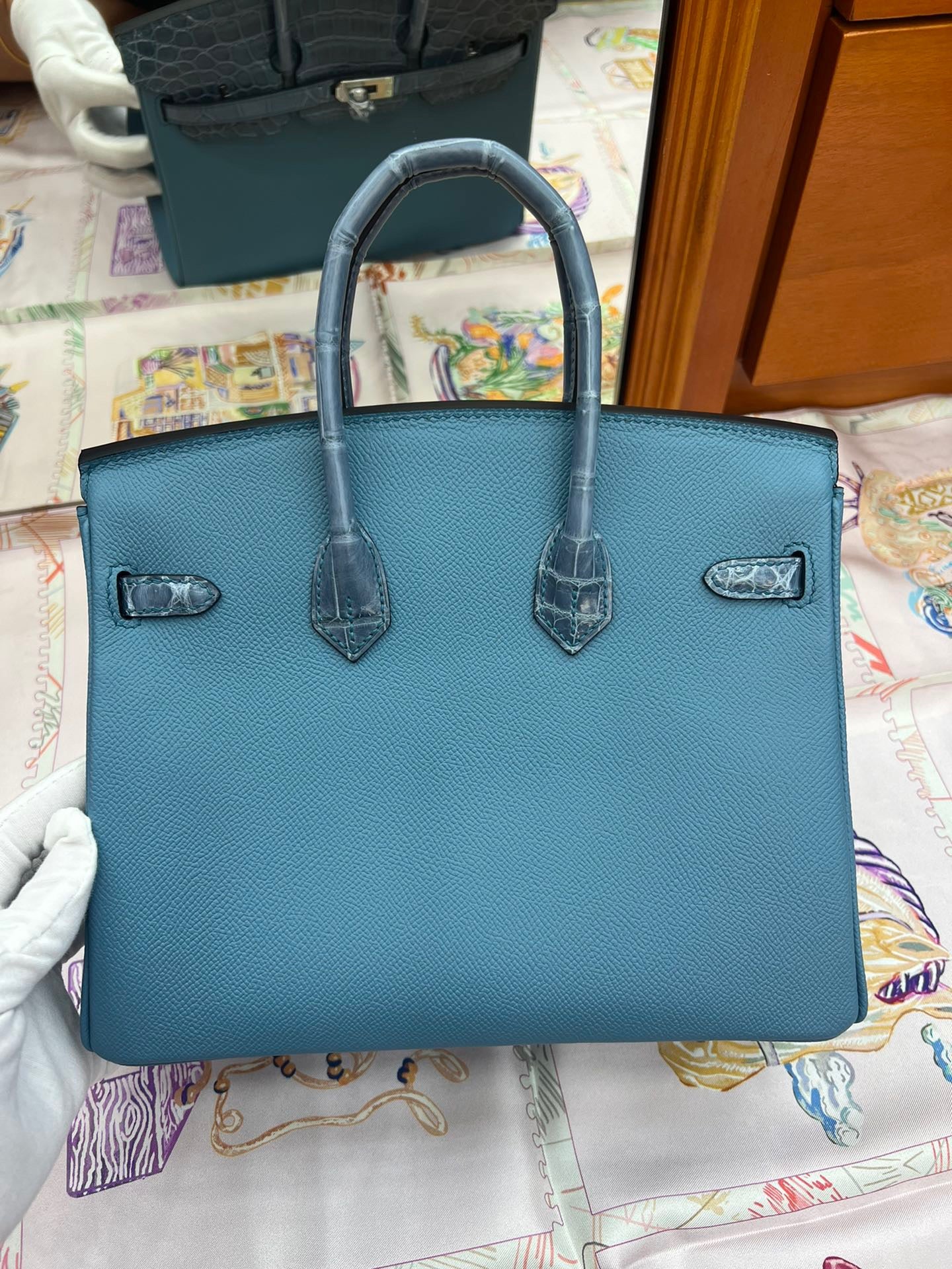 Hermes Touch Birkin 25 Bag in Blue Clemence and Matte Alligator Leather