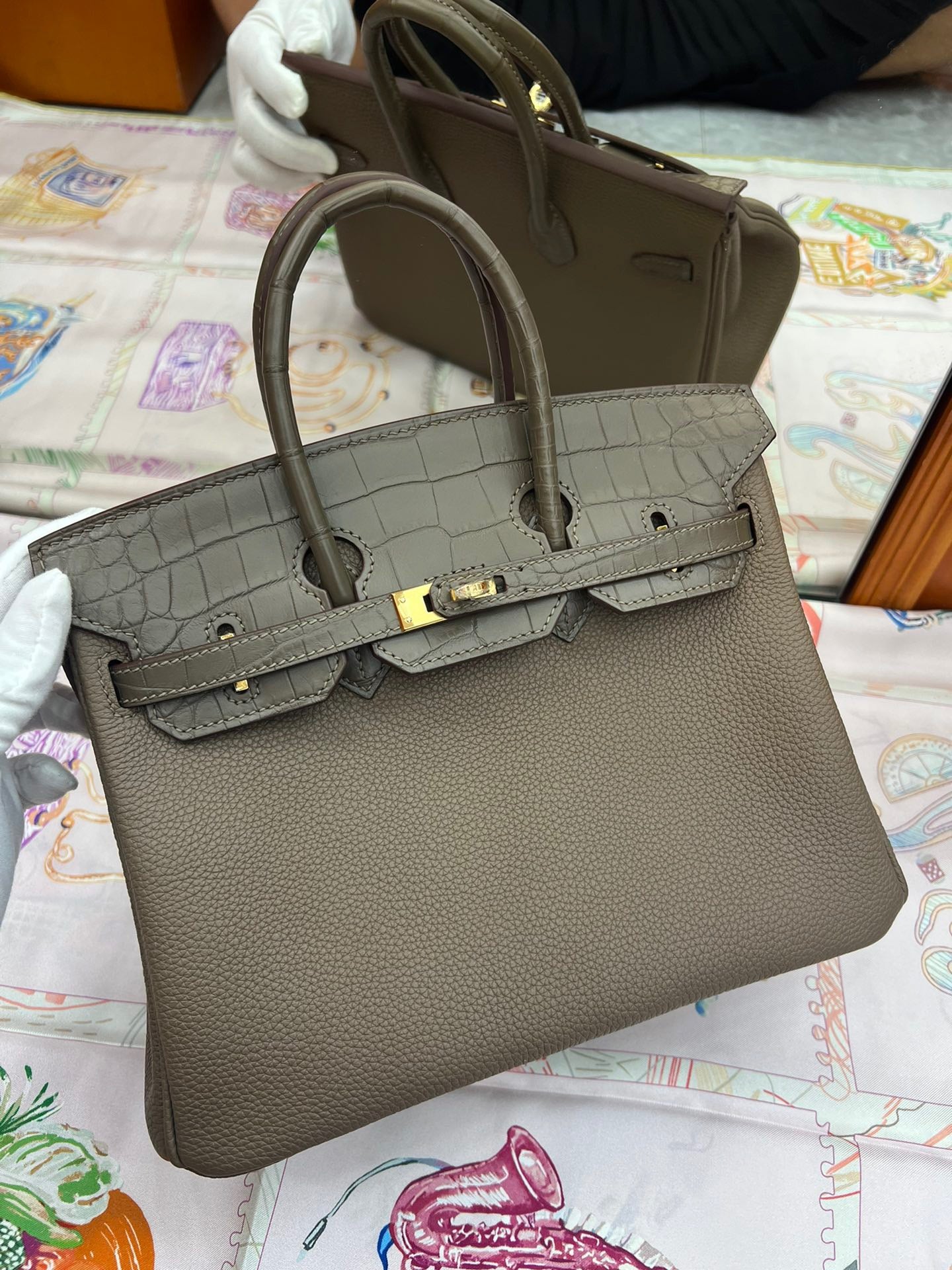 Hermes Touch Birkin 25 Bag in Etoupe Clemence and Matte Alligator Leather