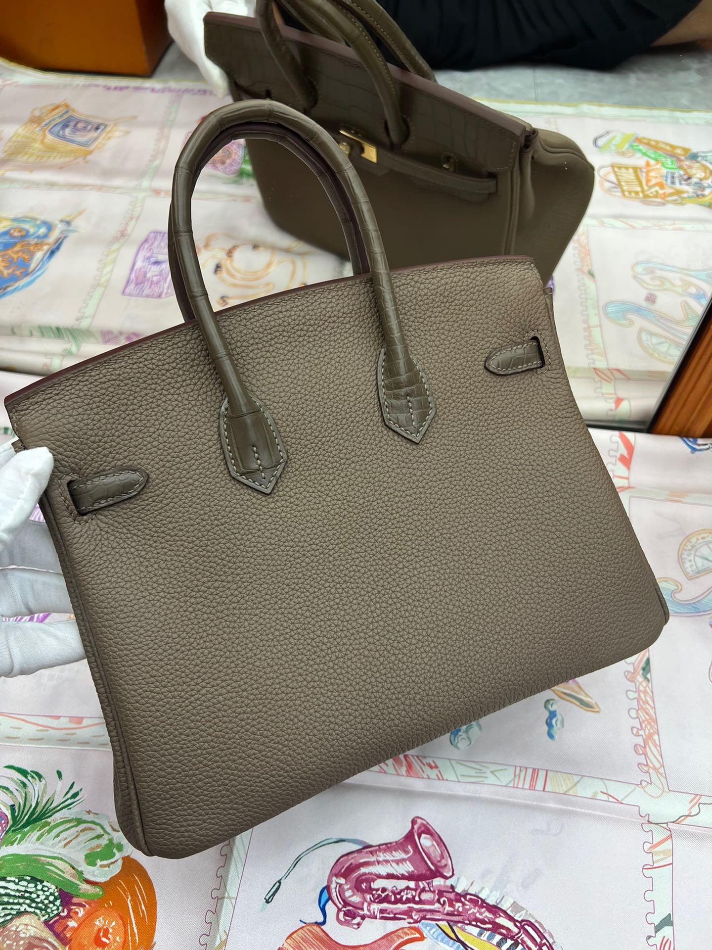 Hermes Touch Birkin 25 Bag in Etoupe Clemence and Matte Alligator Leather