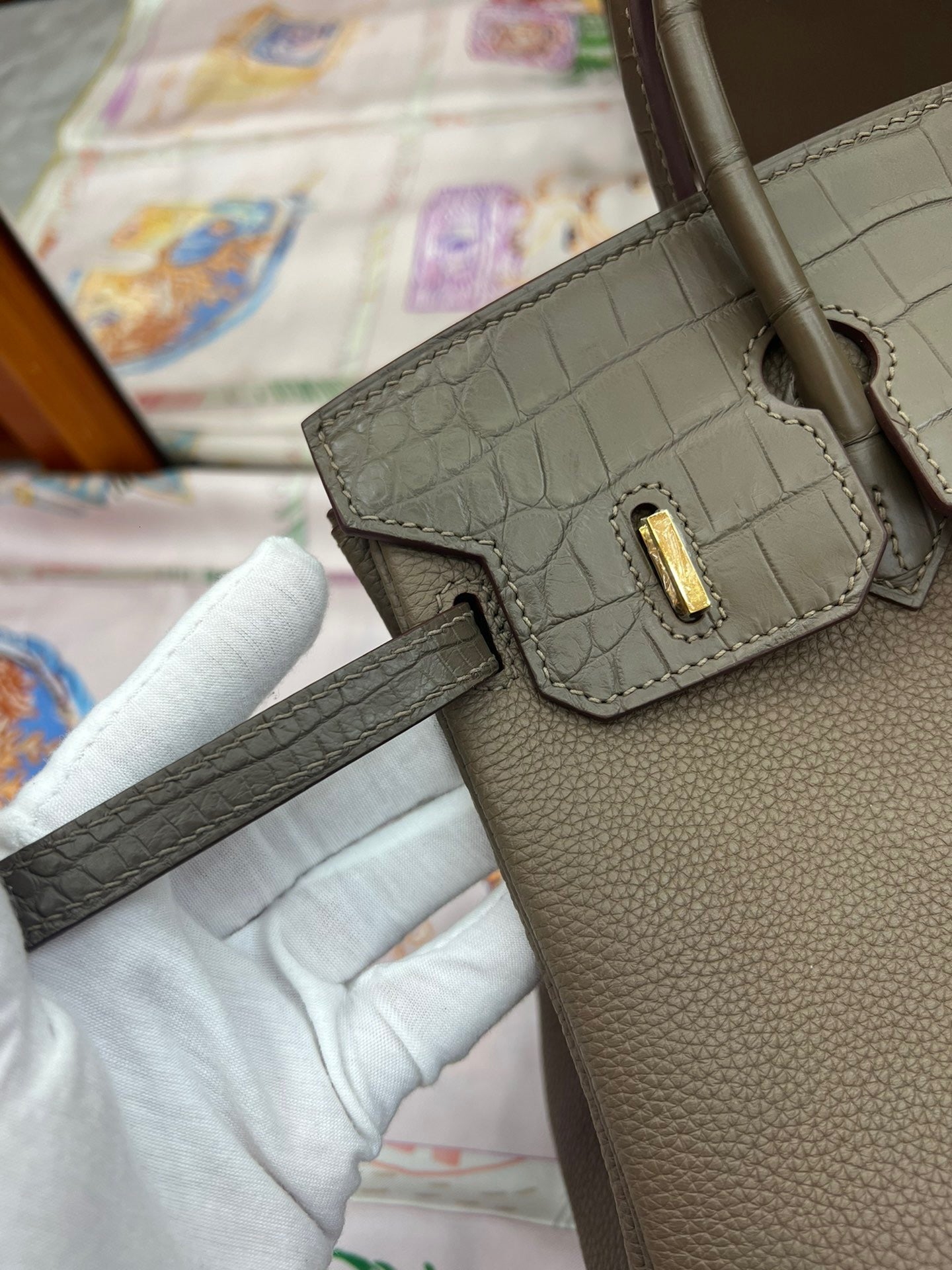 Hermes Touch Birkin 25 Bag in Etoupe Clemence and Matte Alligator Leather