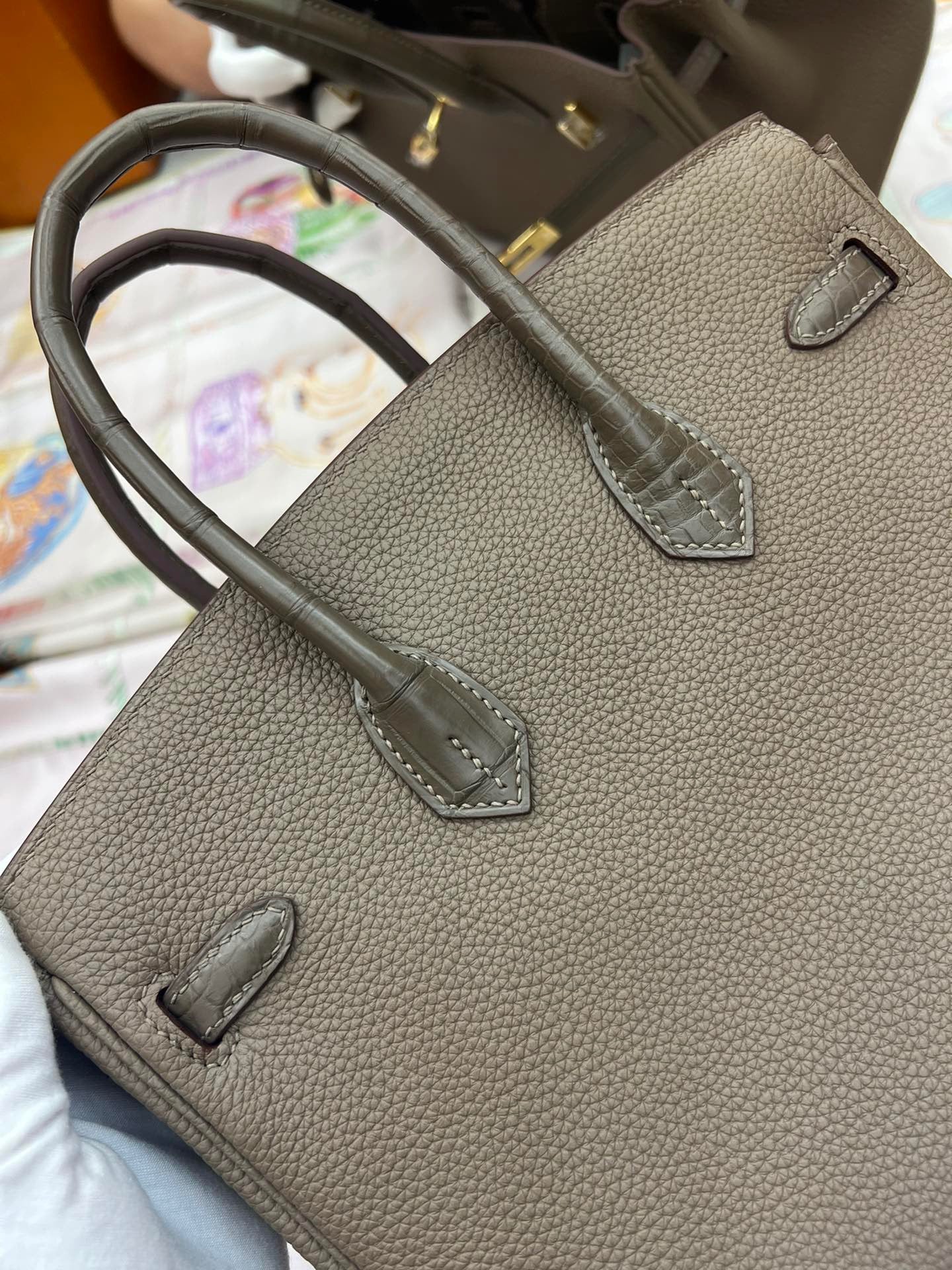 Hermes Touch Birkin 25 Bag in Etoupe Clemence and Matte Alligator Leather