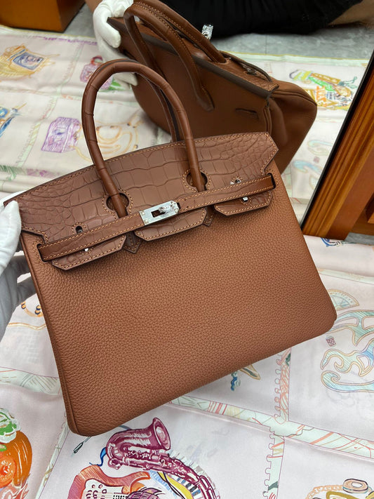 Hermes Touch Birkin 25 Bag in Gold Brown Clemence and Matte Alligator Leather