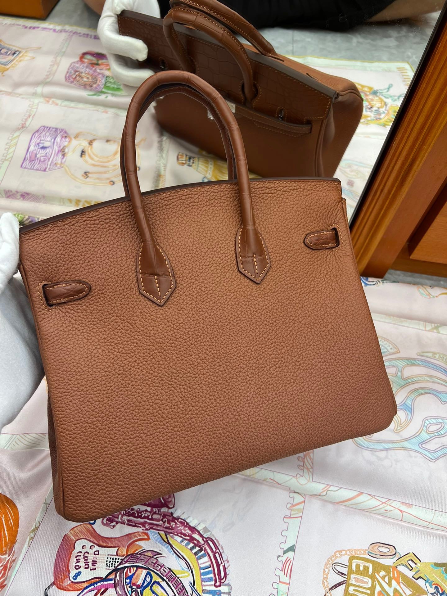 Hermes Touch Birkin 25 Bag in Gold Brown Clemence and Matte Alligator Leather