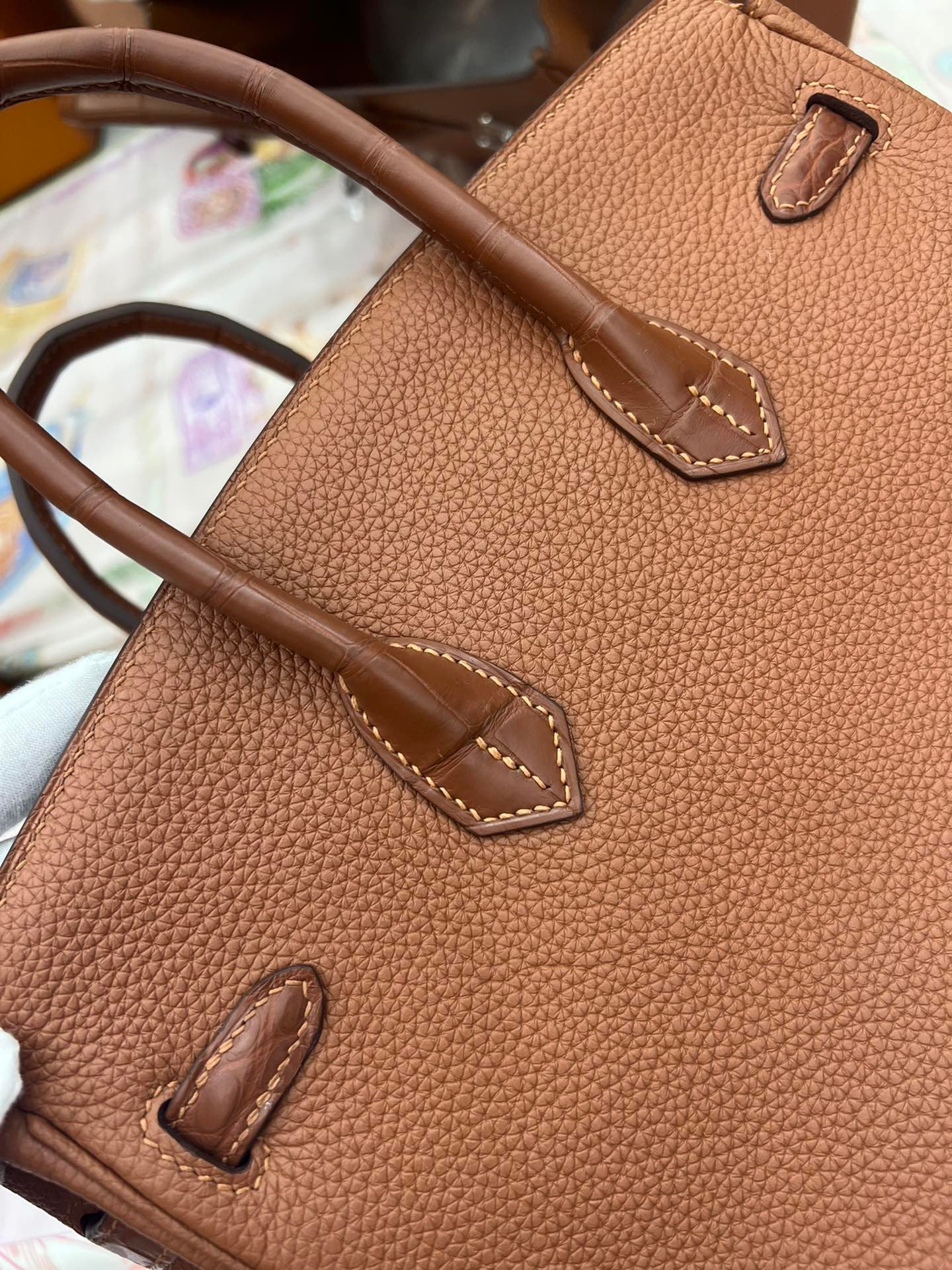 Hermes Touch Birkin 25 Bag in Gold Brown Clemence and Matte Alligator Leather