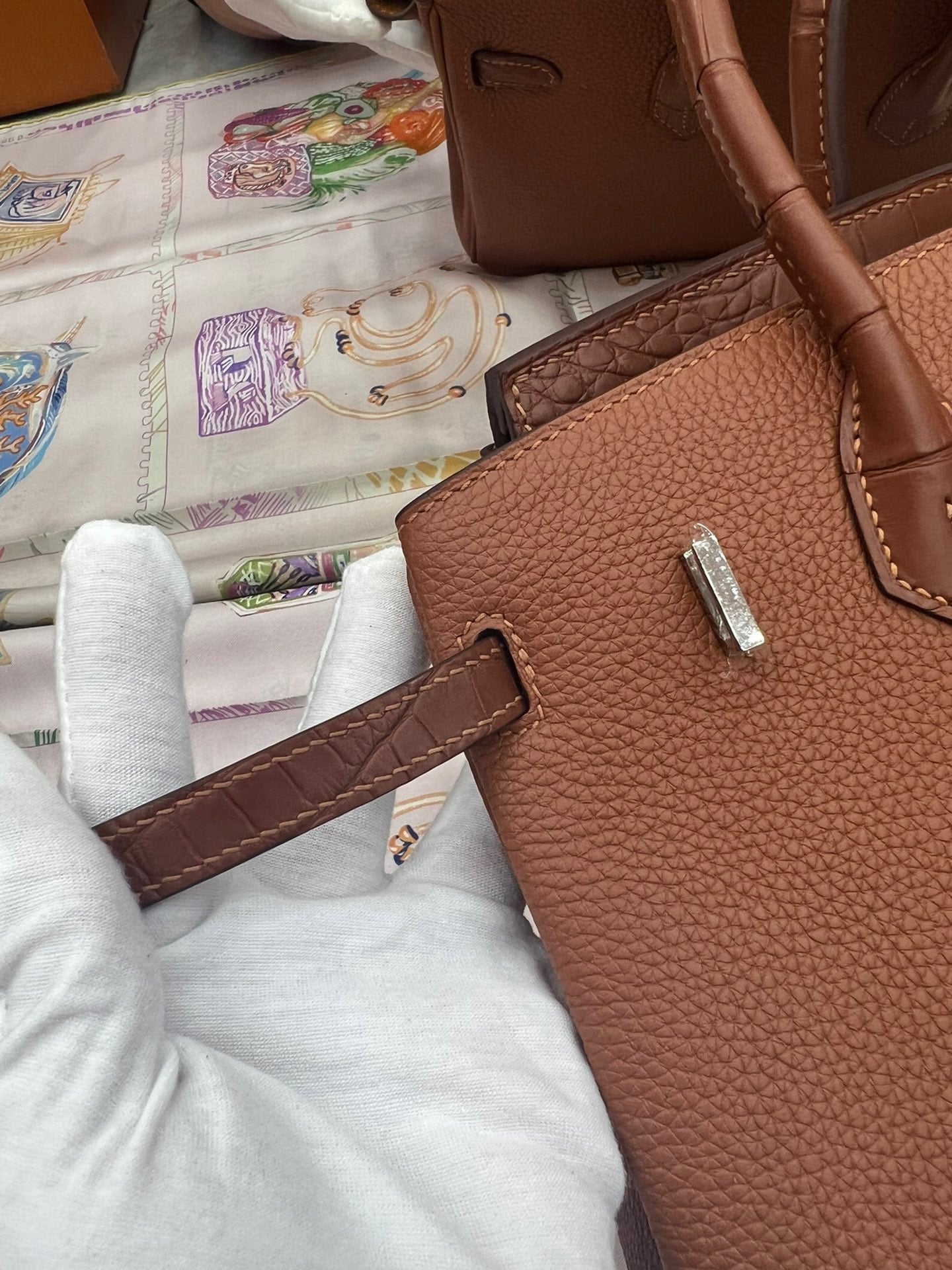 Hermes Touch Birkin 25 Bag in Gold Brown Clemence and Matte Alligator Leather