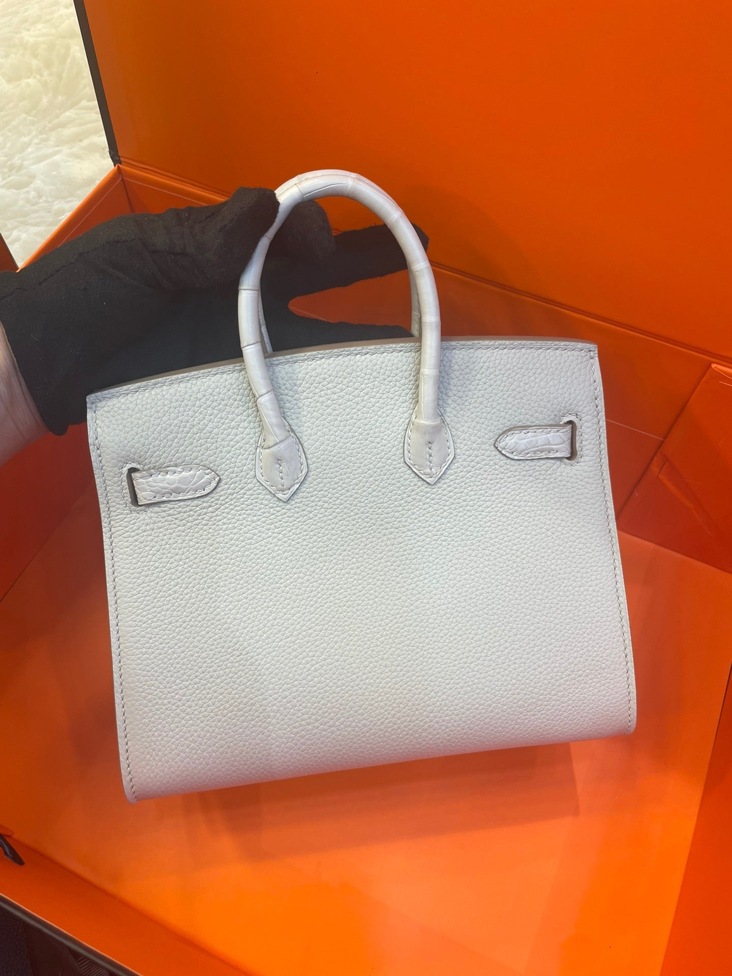 Hermes Touch Birkin 25 Bag in White Clemence and Matte Alligator Leather