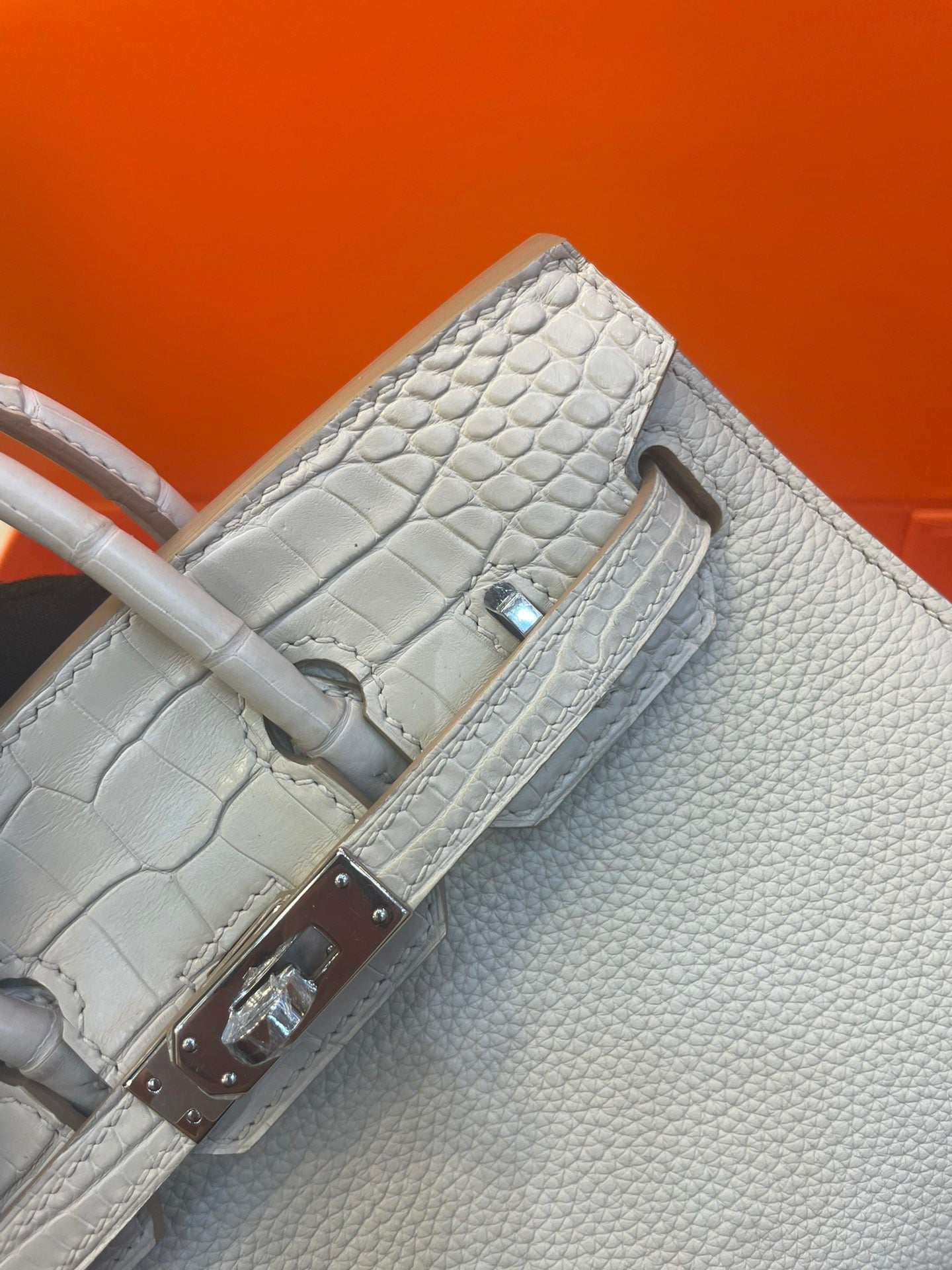 Hermes Touch Birkin 25 Bag in White Clemence and Matte Alligator Leather