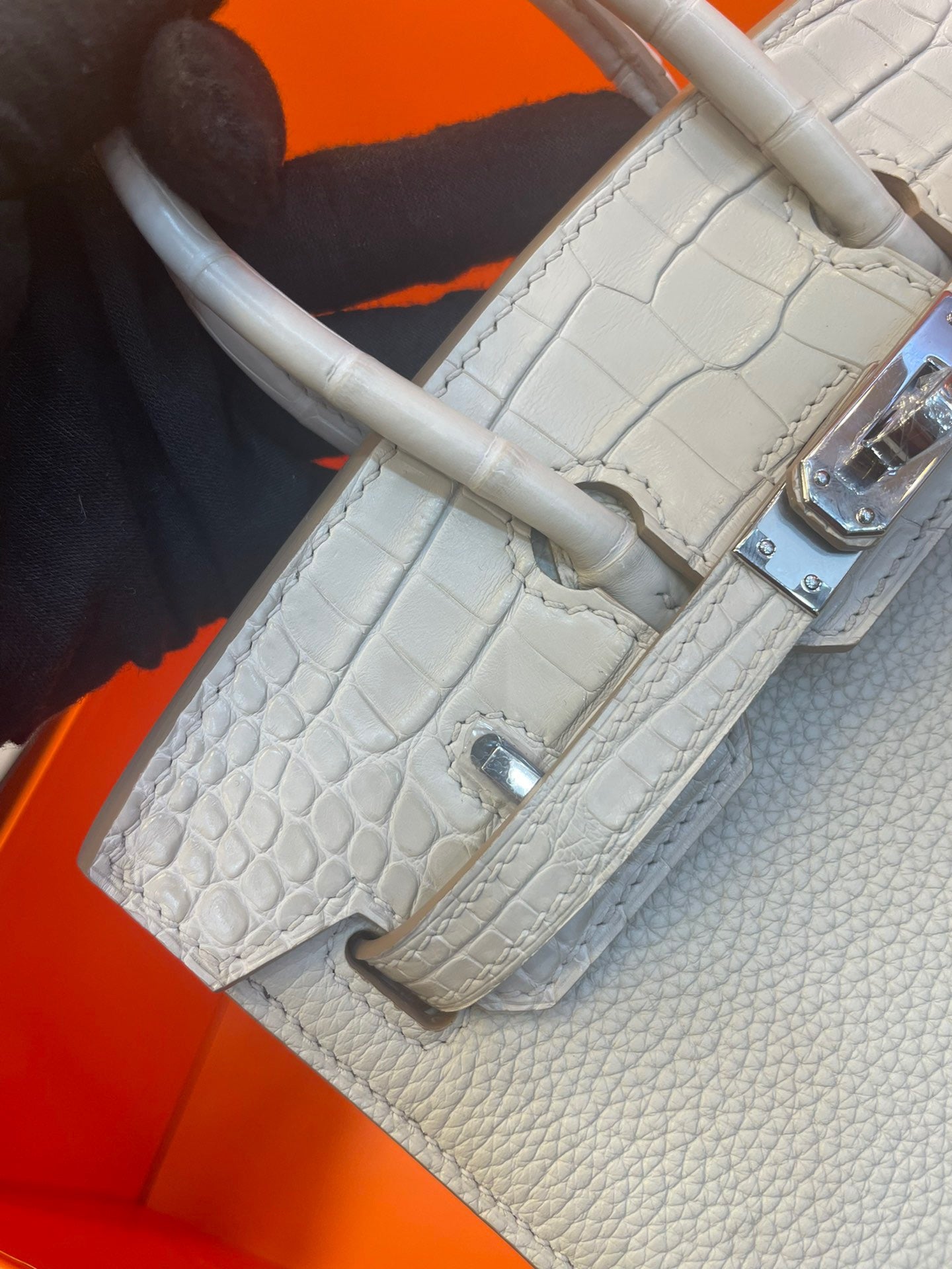 Hermes Touch Birkin 25 Bag in White Clemence and Matte Alligator Leather