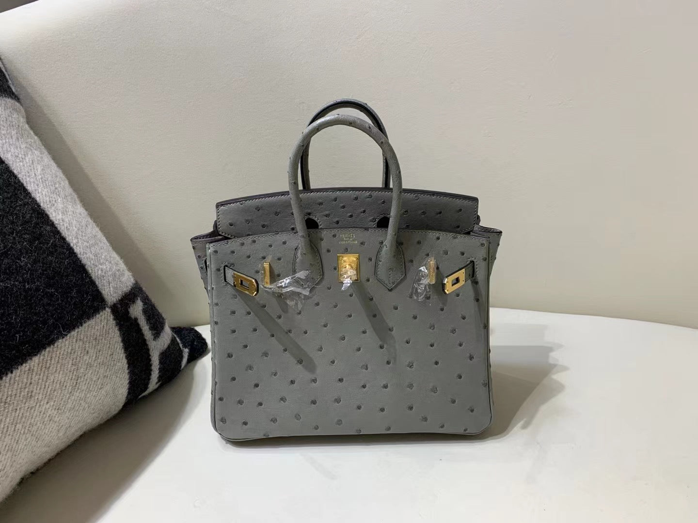 Hermes Birkin 25 Ostrich Leather Gris Asphalte With Palladium Hardware