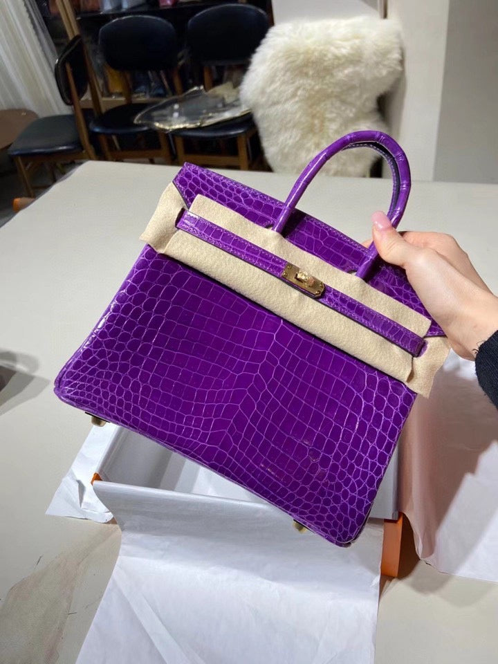 Hermes Birkin 25 Matte Mississippiensis Alligator Leather Purple With Gold Hardware