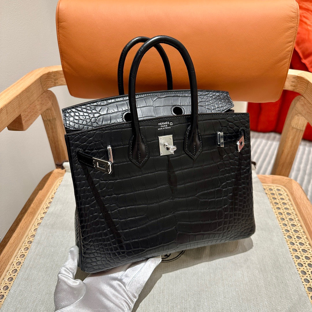 Hermes 25cm Birkin Vert Comic Black Crocodile Silver Hardware