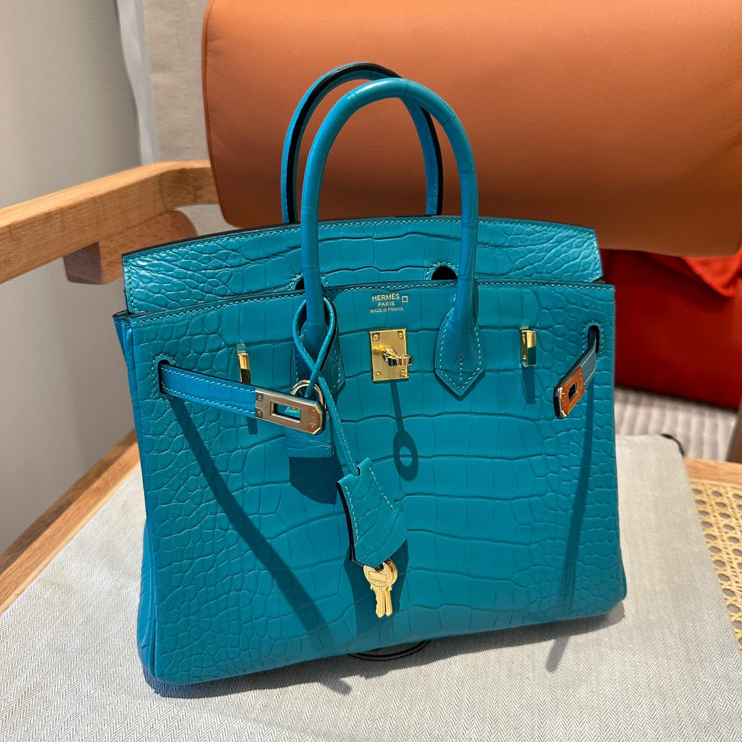 Hermes 25cm Birkin Vert Comic Blue Crocodile Palladium Hardware