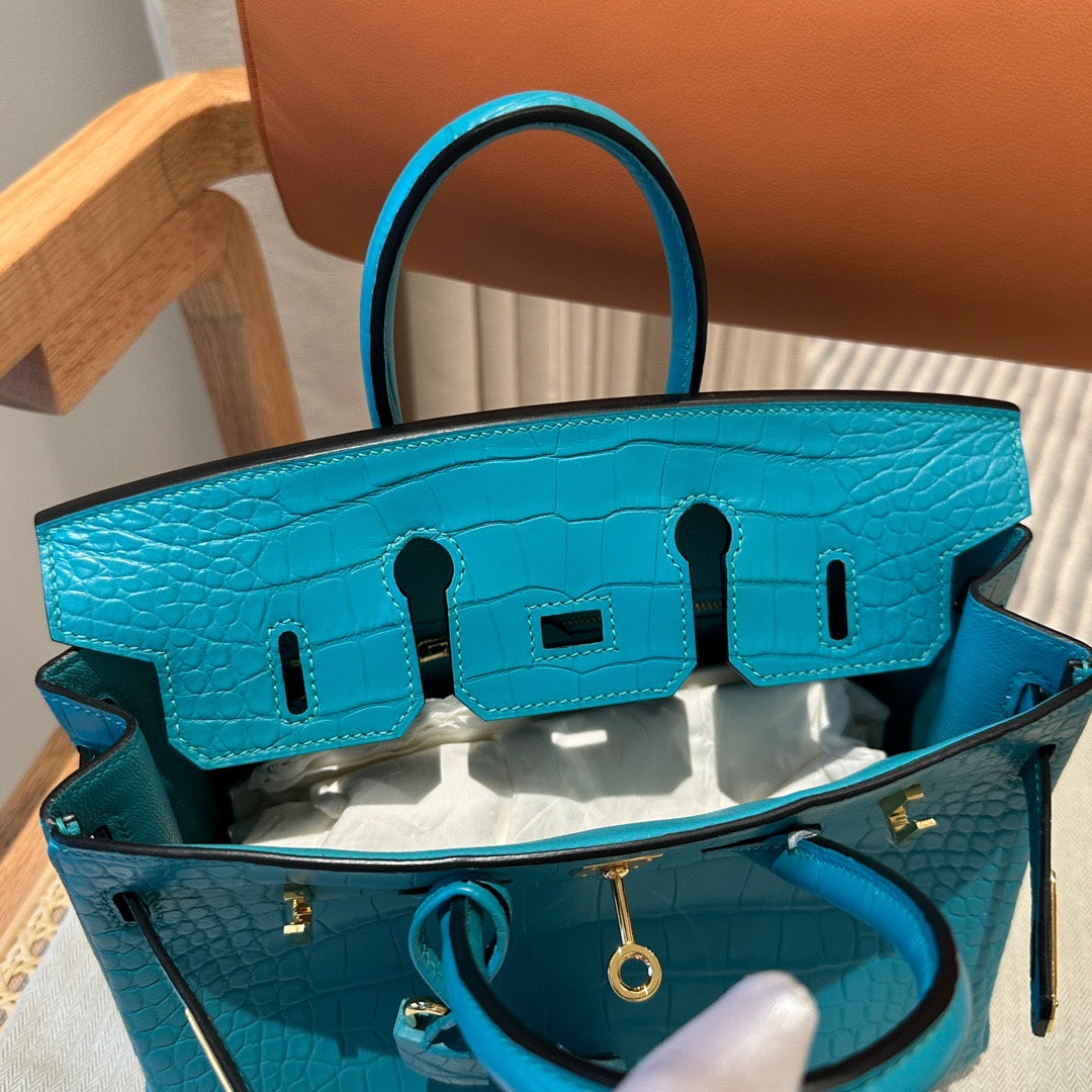 Hermes 25cm Birkin Vert Comic Blue Crocodile Palladium Hardware