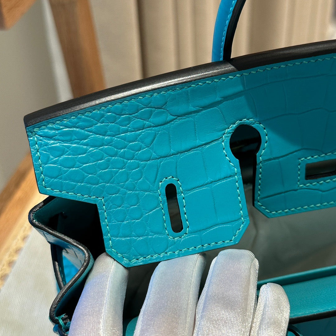 Hermes 25cm Birkin Vert Comic Blue Crocodile Palladium Hardware