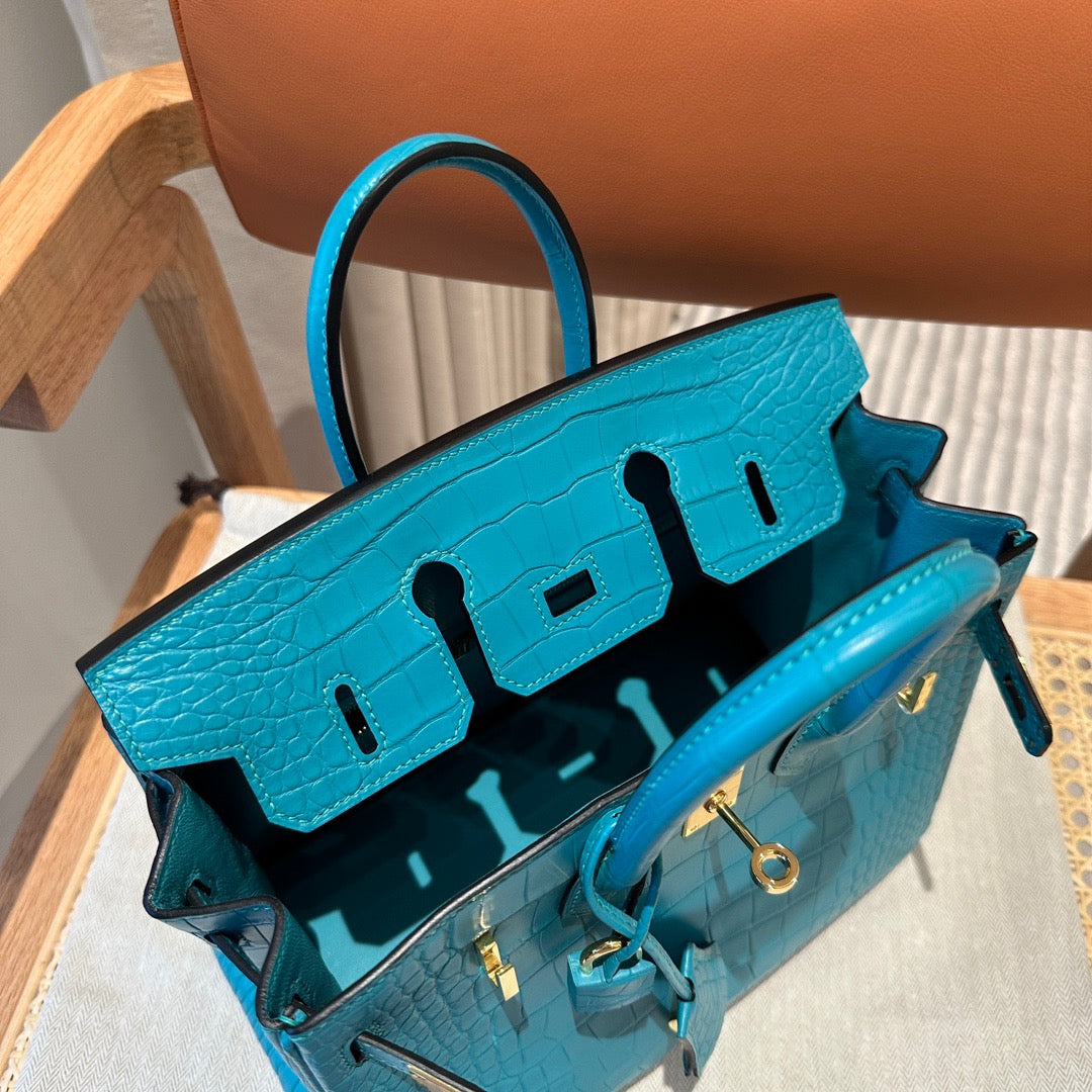 Hermes 25cm Birkin Vert Comic Blue Crocodile Palladium Hardware