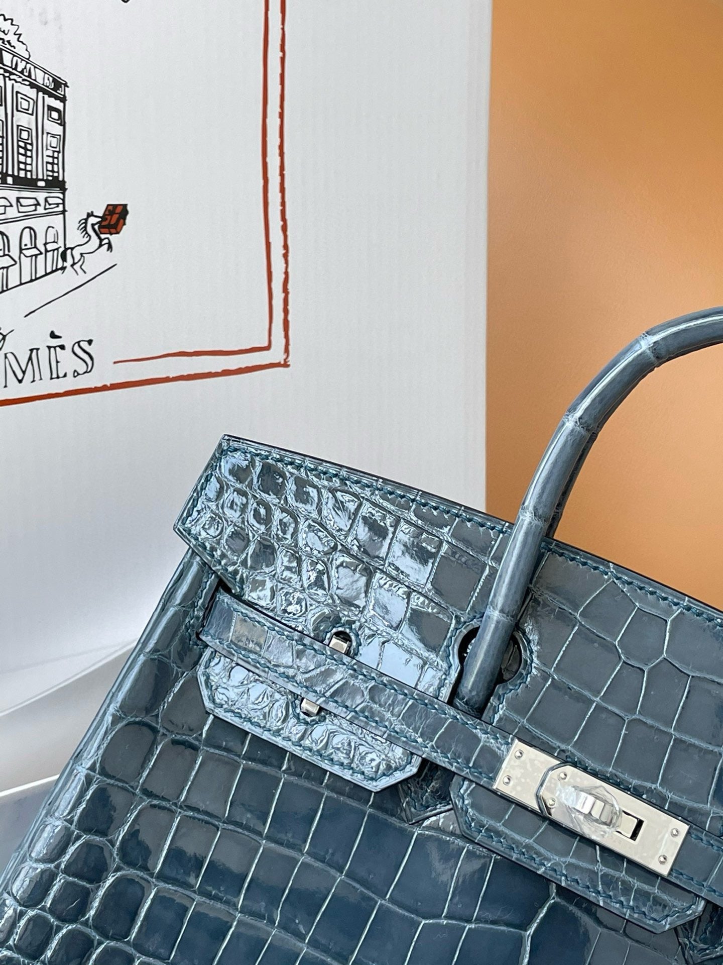 Hermes Birkin 25cm Shiny Crocodile Blue Jean