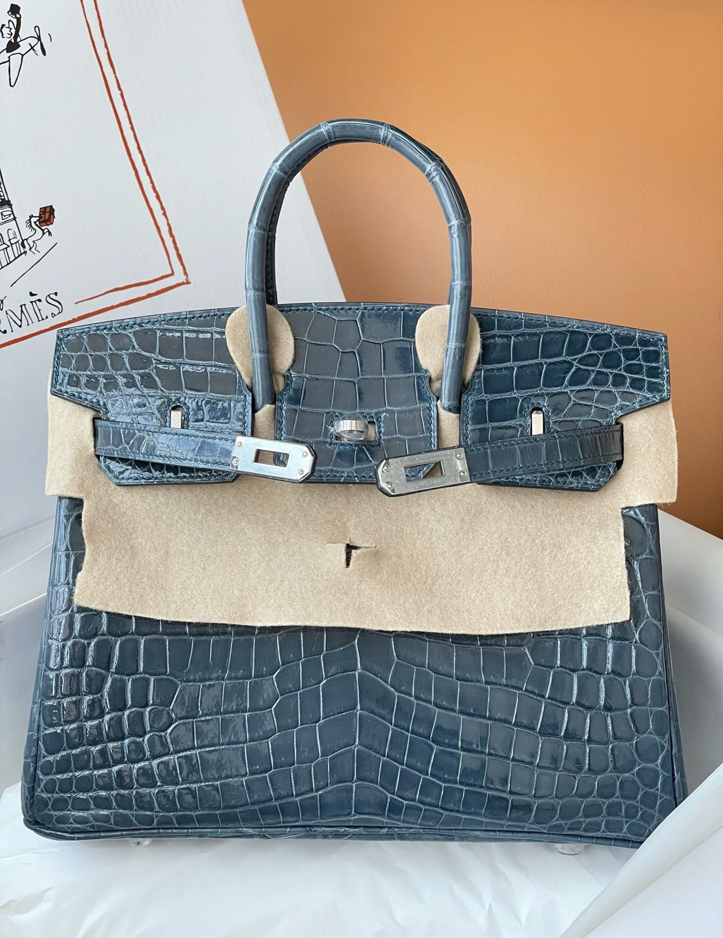 Hermes Birkin 25cm Shiny Crocodile Blue Jean