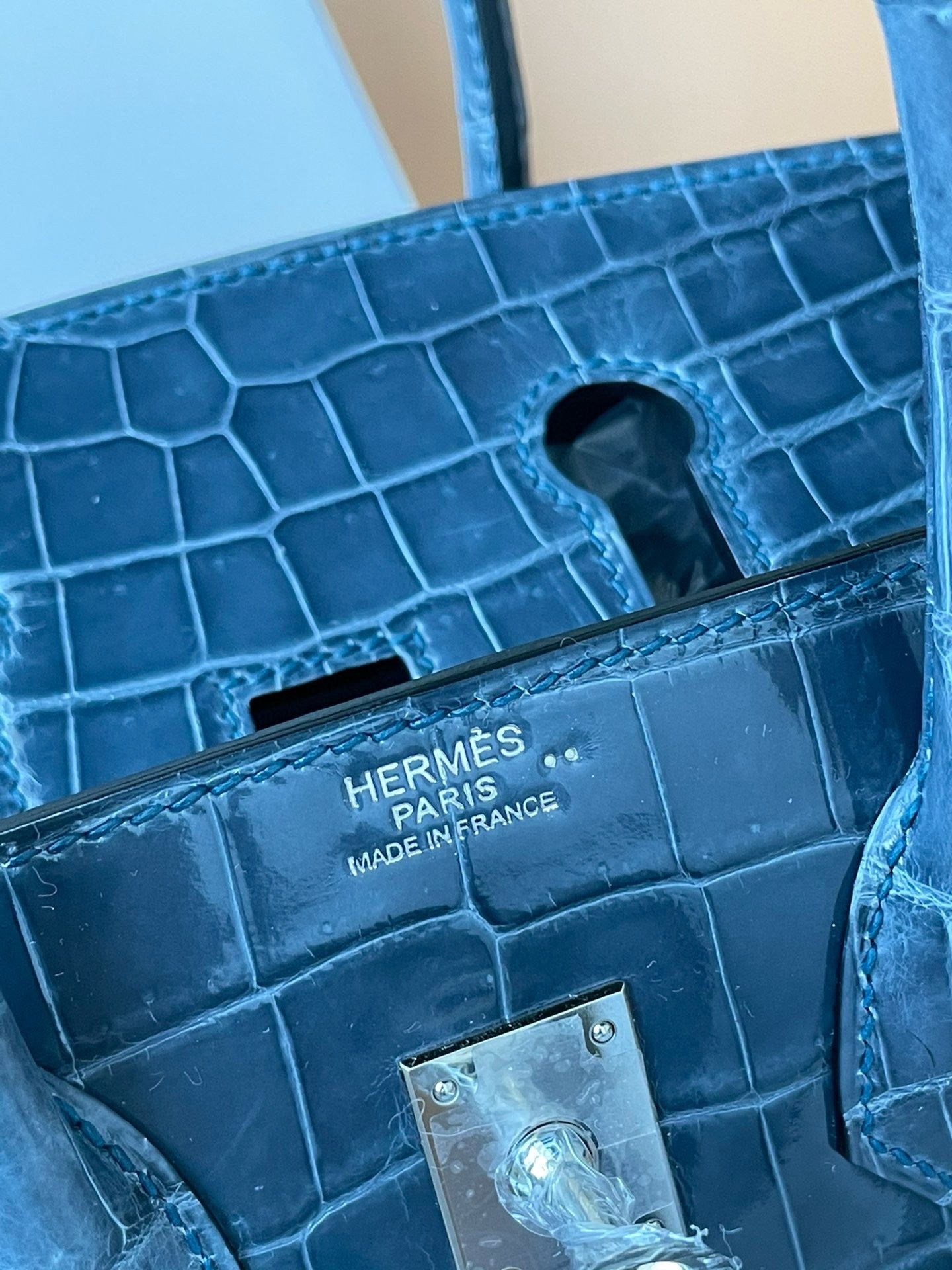 Hermes Birkin 25cm Shiny Crocodile Blue Jean