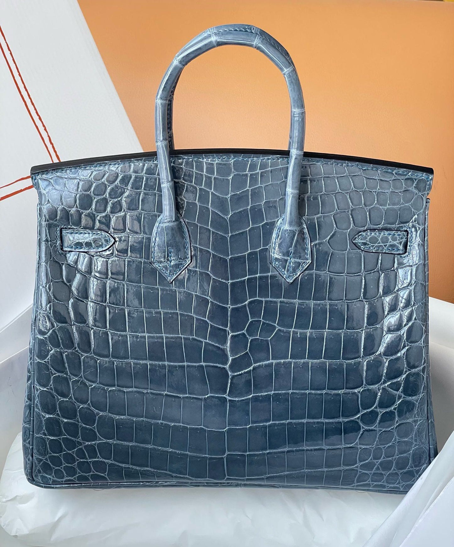 Hermes Birkin 25cm Shiny Crocodile Blue Jean