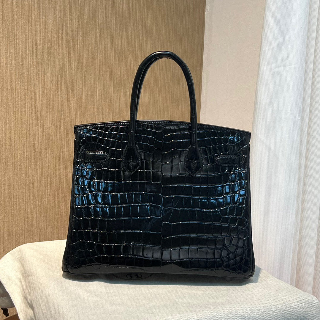 Hermes Birkin 30 Black Shiny Crocodile Leather Bag