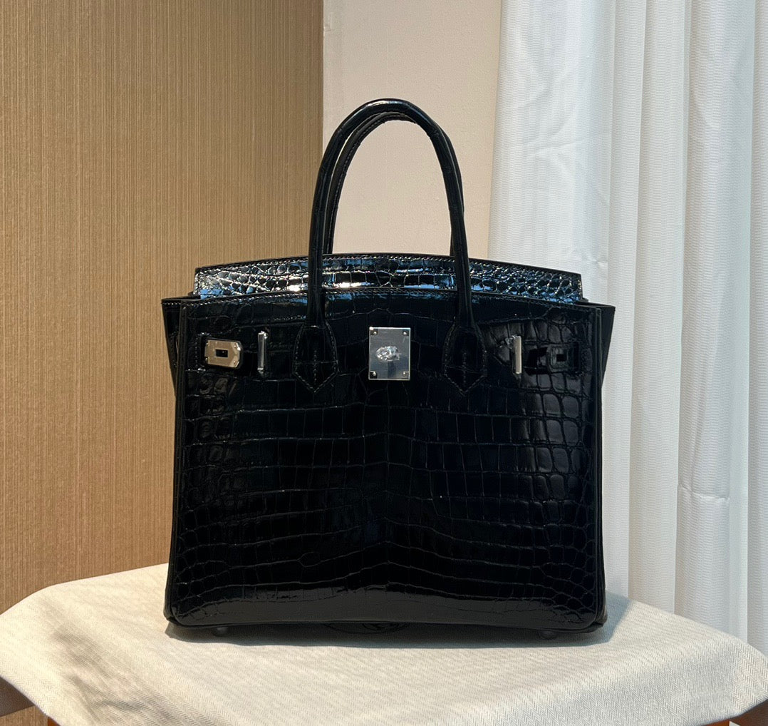 Hermes Birkin 30 Black Shiny Crocodile Leather Bag