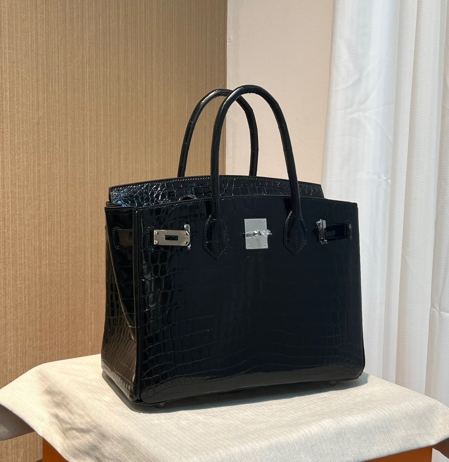 Hermes Birkin 30 Black Shiny Crocodile Leather Bag