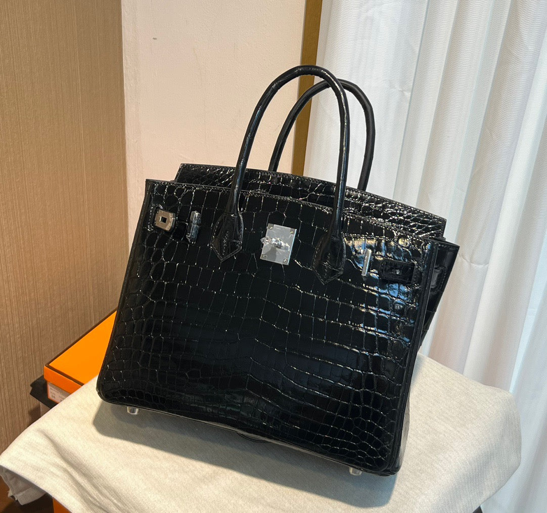 Hermes Birkin 30 Black Shiny Crocodile Leather Bag