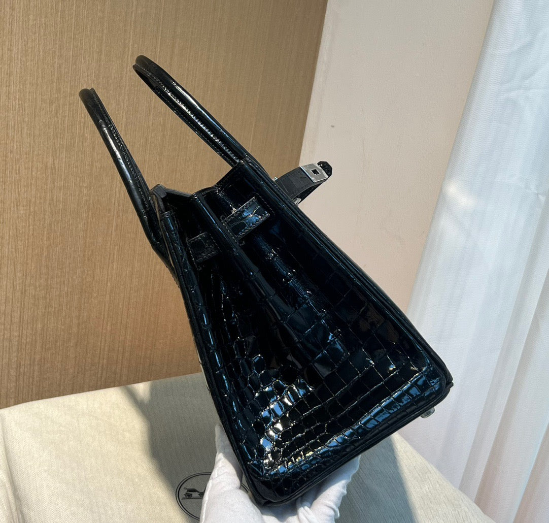 Hermes Birkin 30 Black Shiny Crocodile Leather Bag