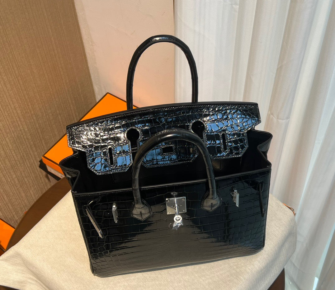 Hermes Birkin 30 Black Shiny Crocodile Leather Bag