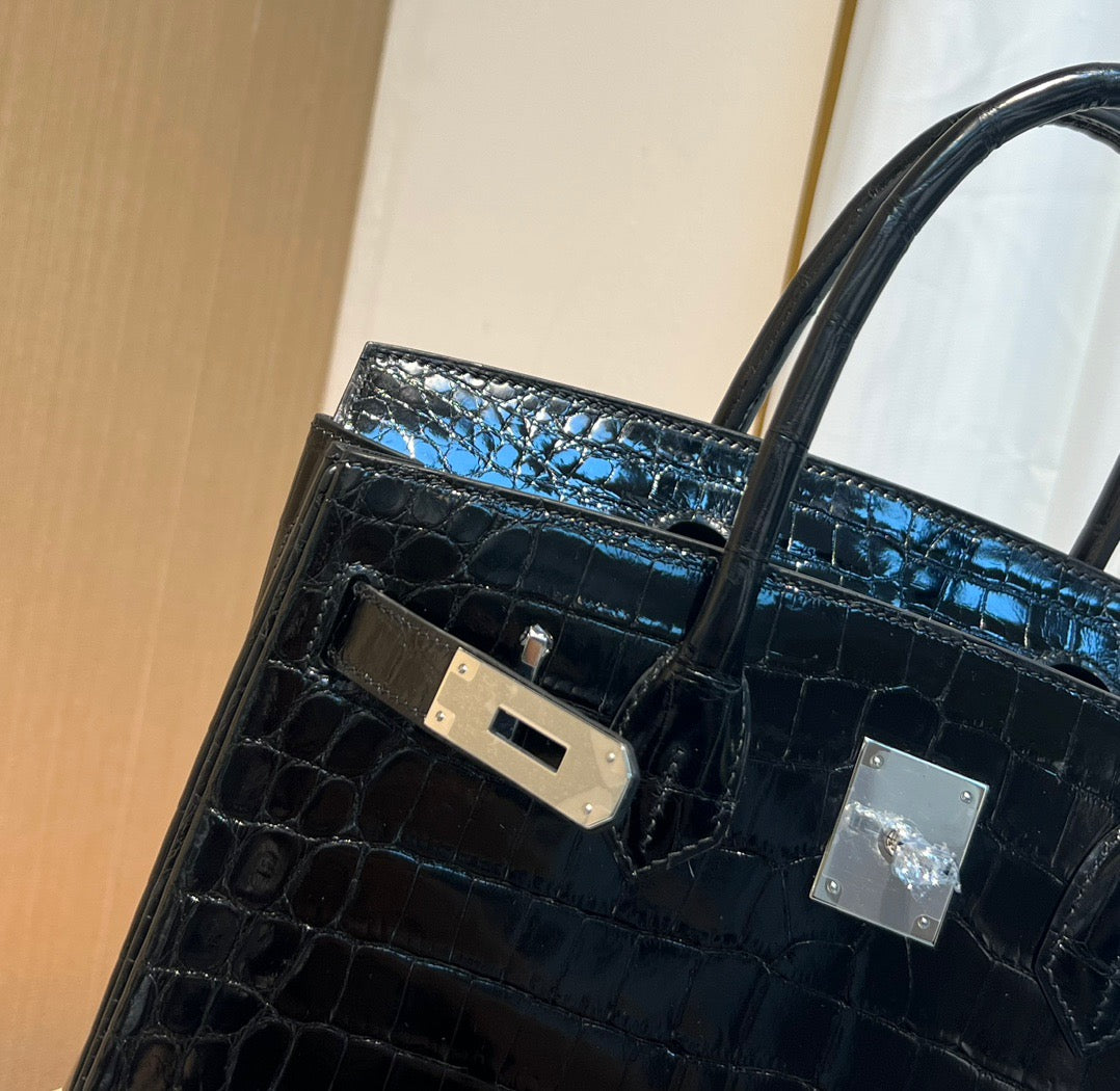 Hermes Birkin 30 Black Shiny Crocodile Leather Bag