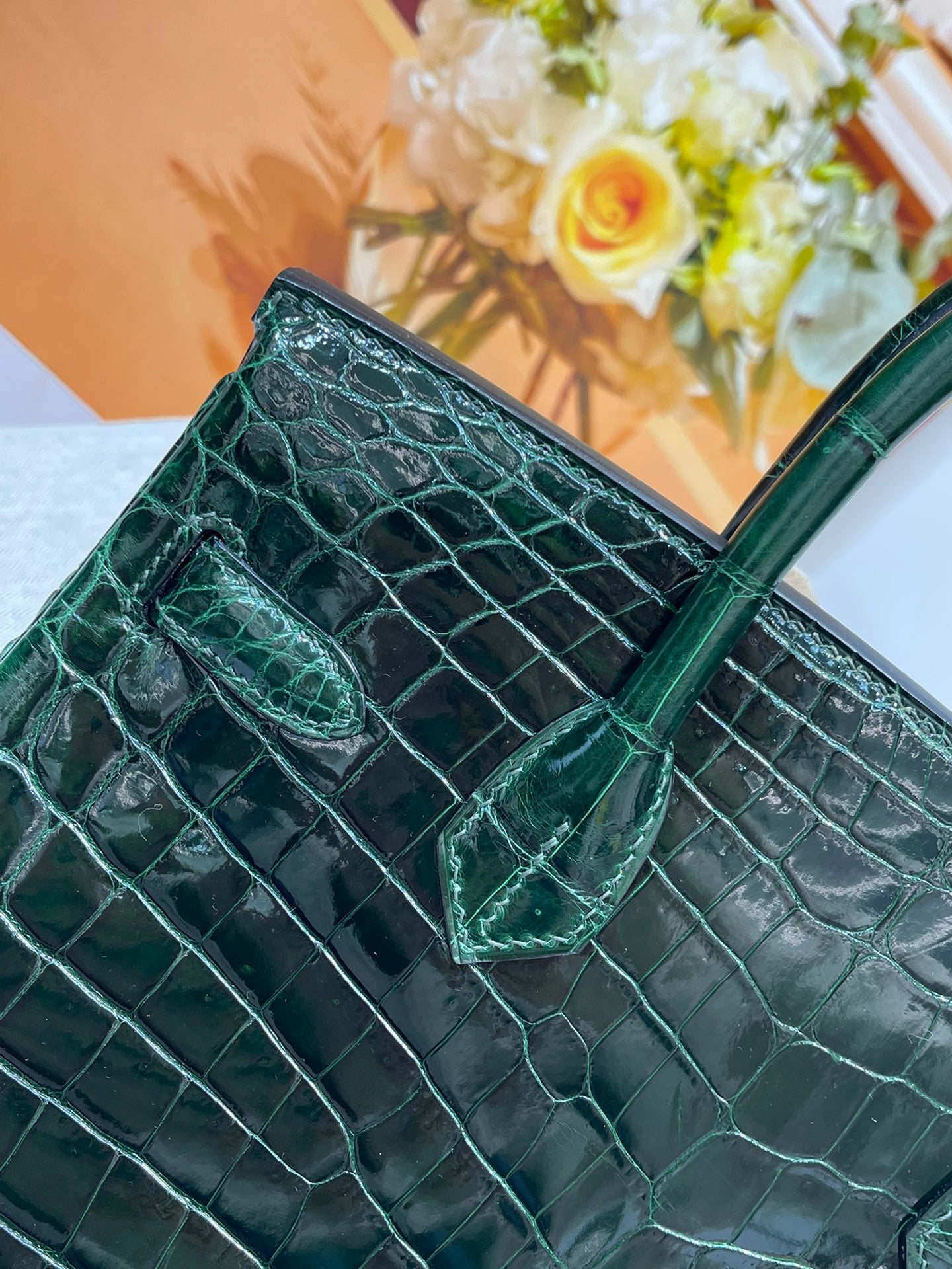 Hermes Birkin 30 Emerald Shiny Crocodile Leather Bag