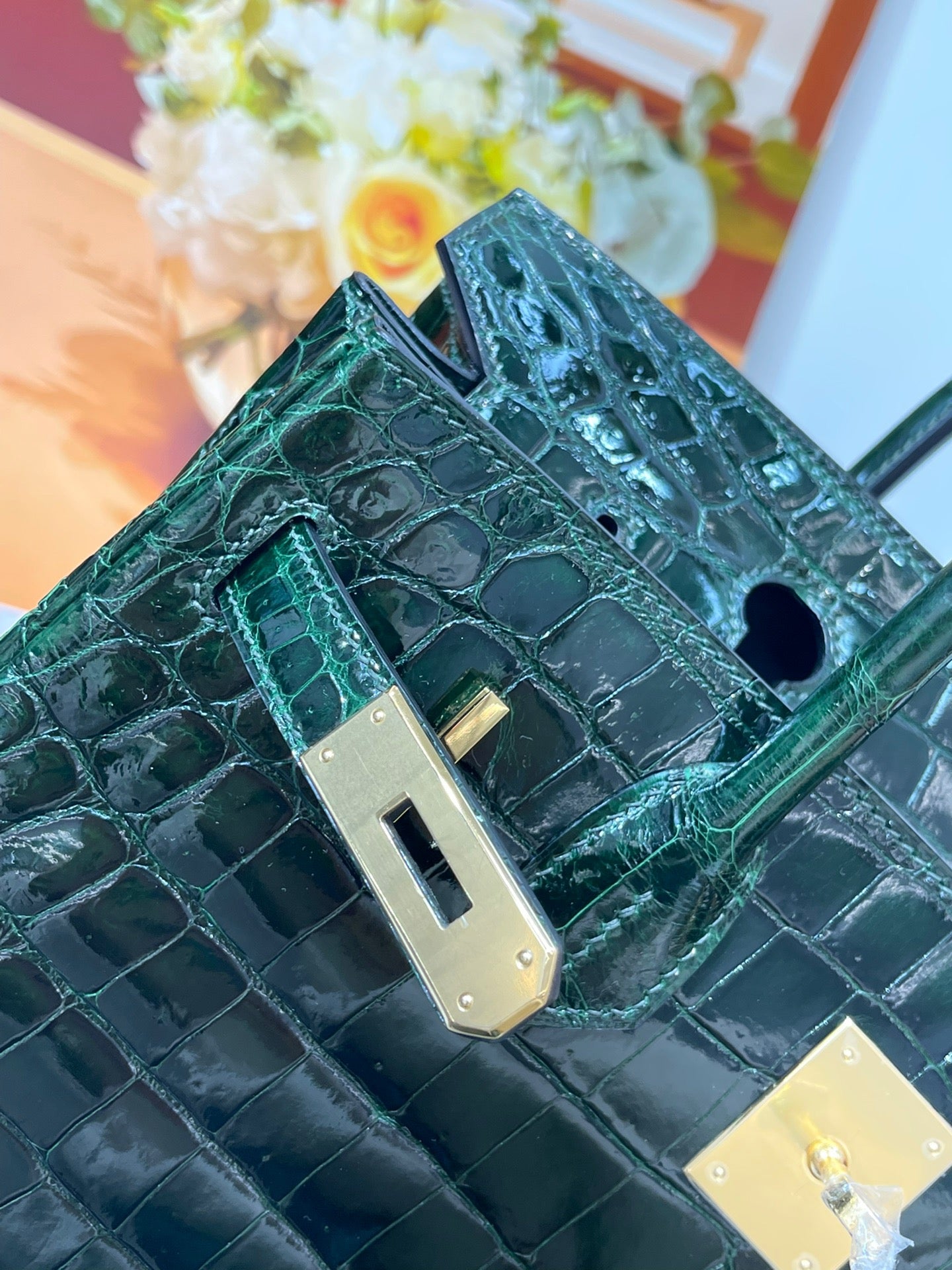 Hermes Birkin 30 Emerald Shiny Crocodile Leather Bag