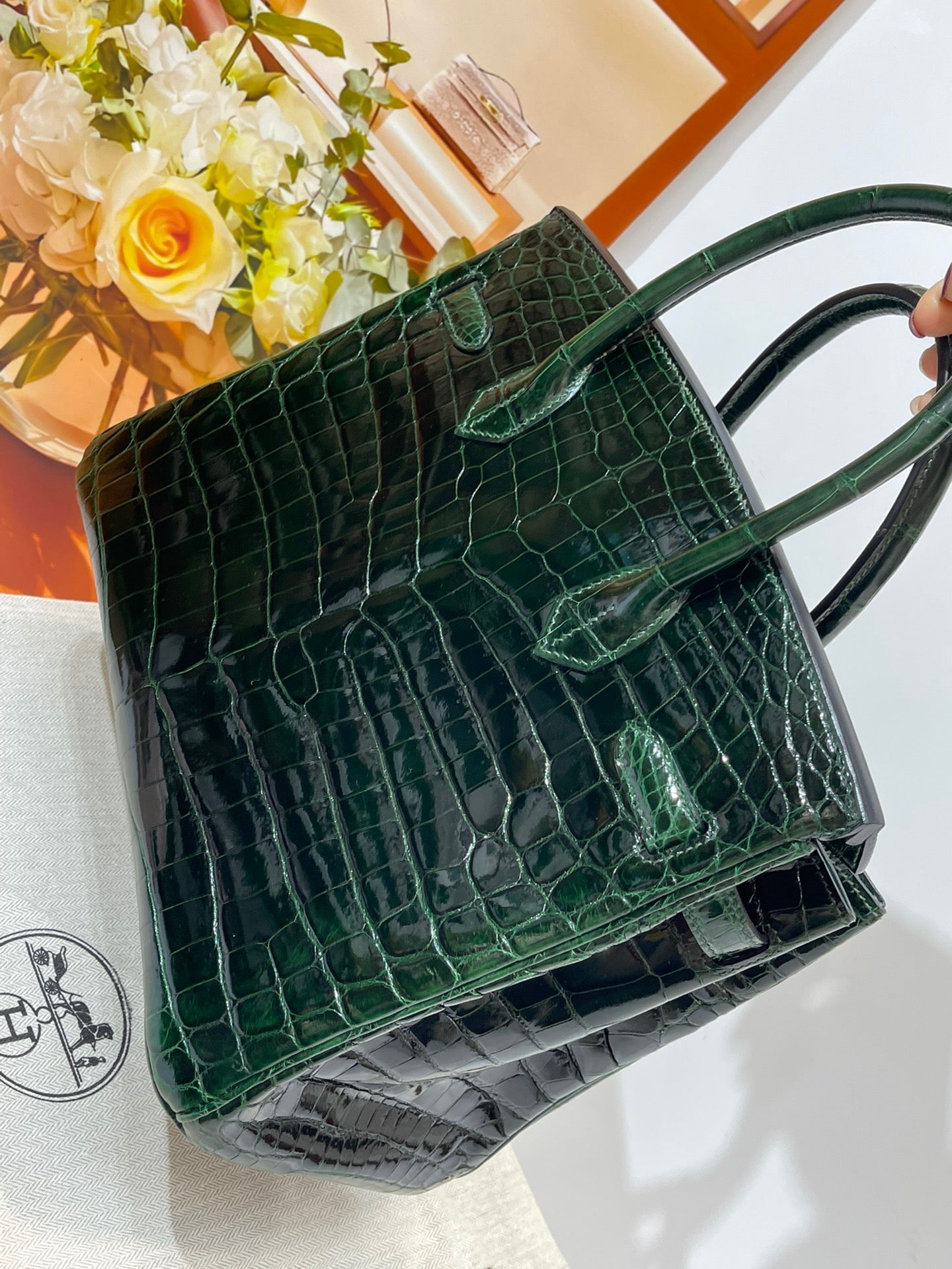 Hermes Birkin 30 Emerald Shiny Crocodile Leather Bag