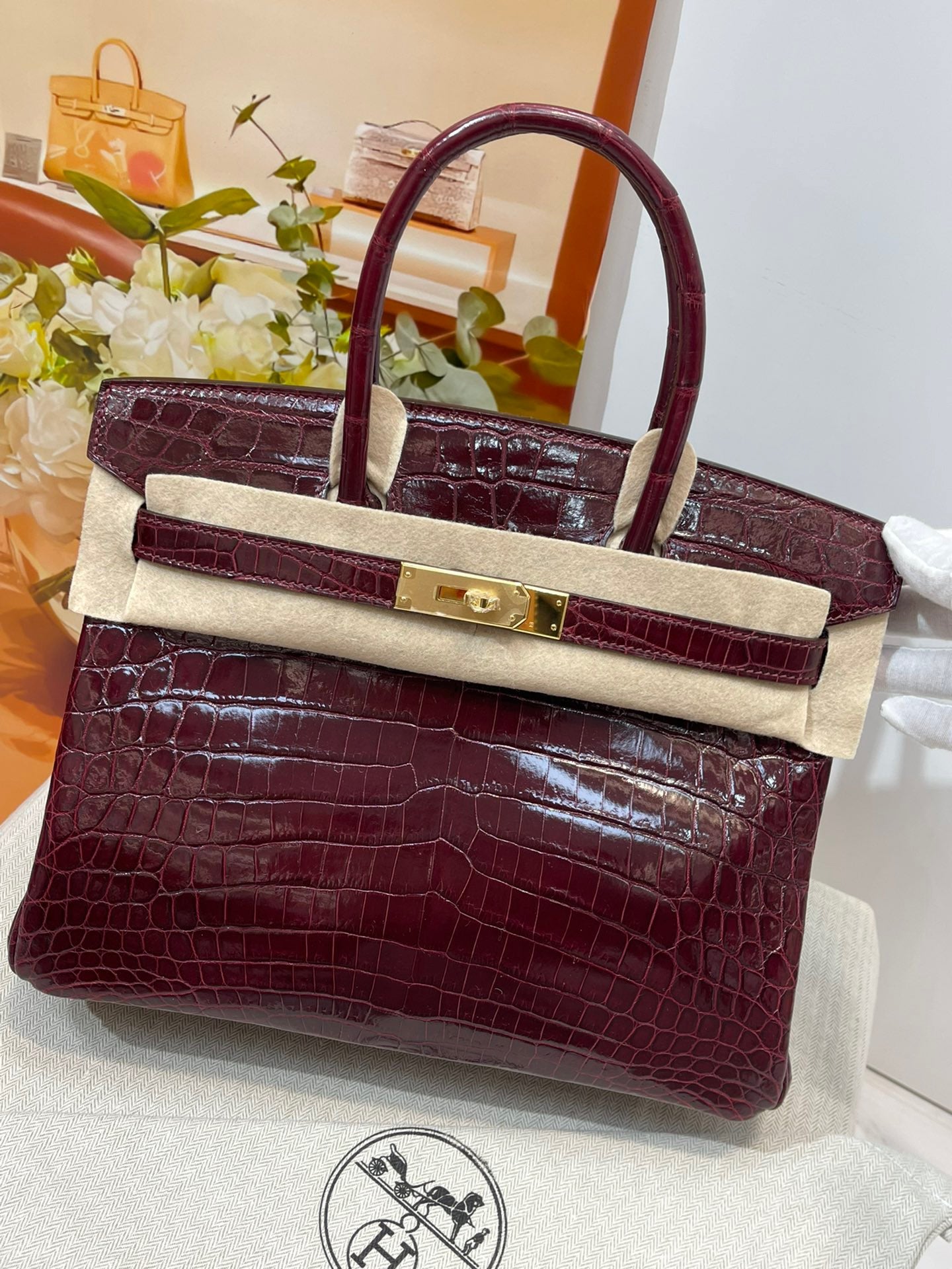 Hermes Birkin 30 Burdungy Shiny Crocodile Leather Bag