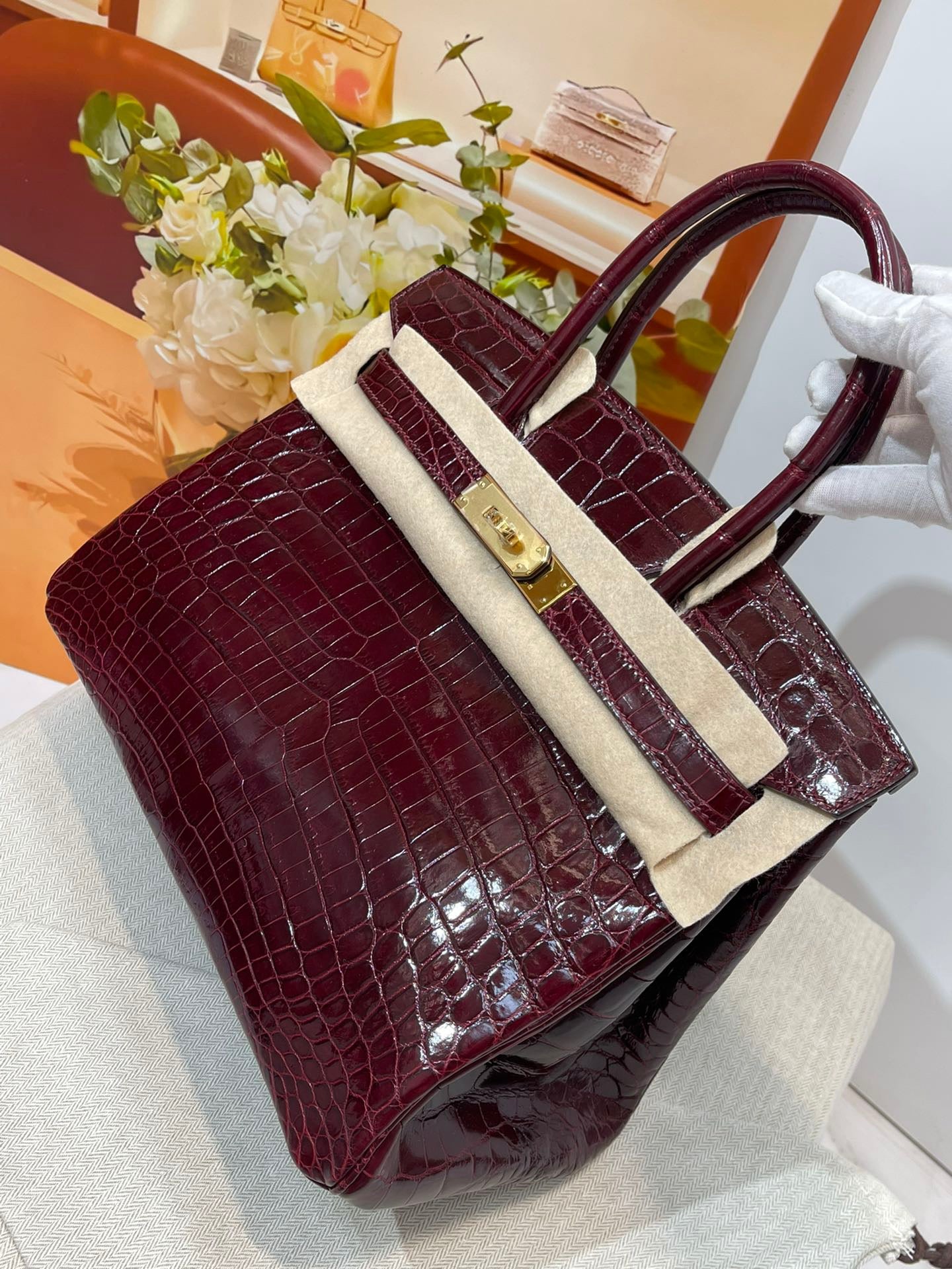 Hermes Birkin 30 Burdungy Shiny Crocodile Leather Bag