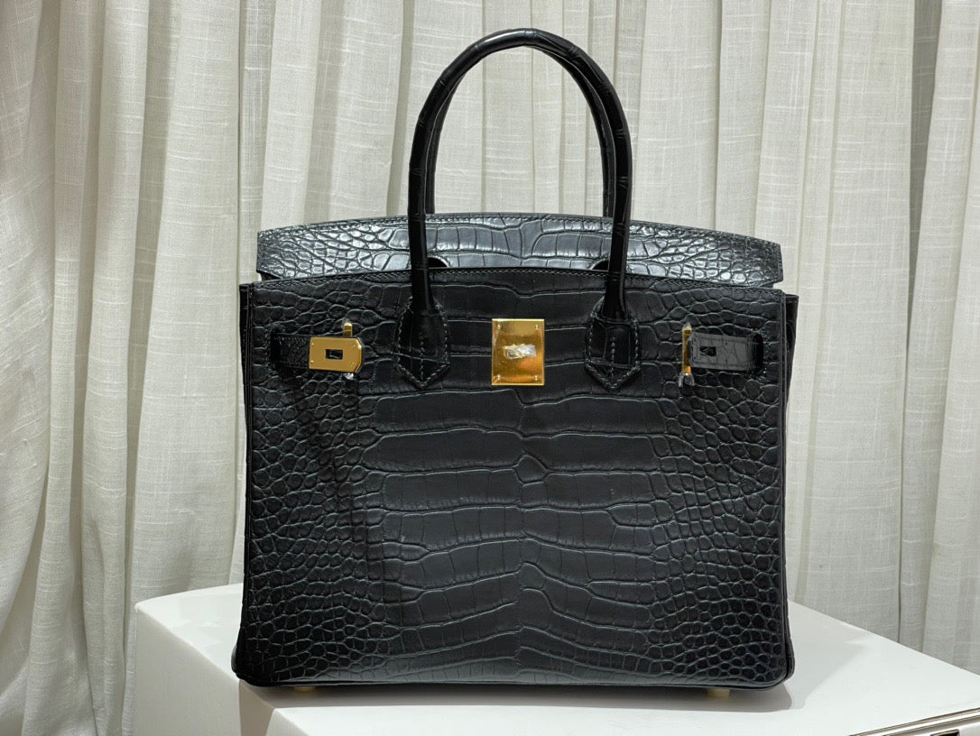 Hermes Birkin 30 Black Crocodile Leather Bag With Gold Hardware