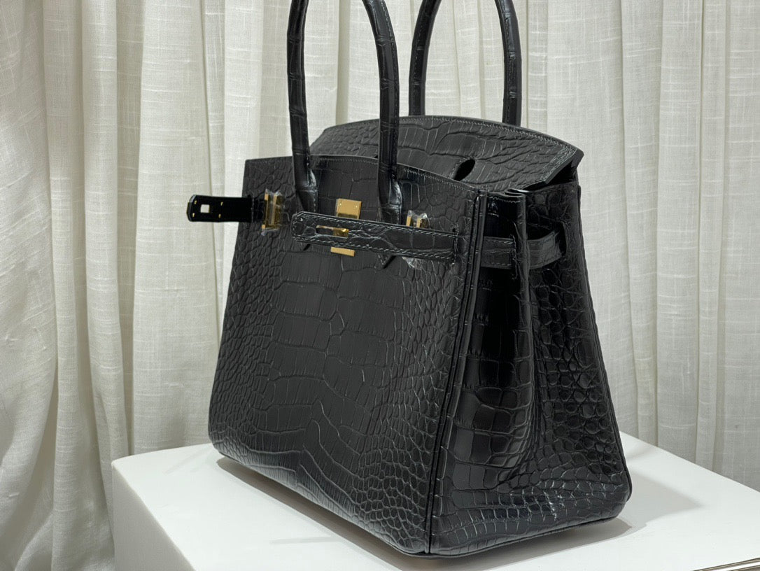 Hermes Birkin 30 Black Crocodile Leather Bag With Gold Hardware