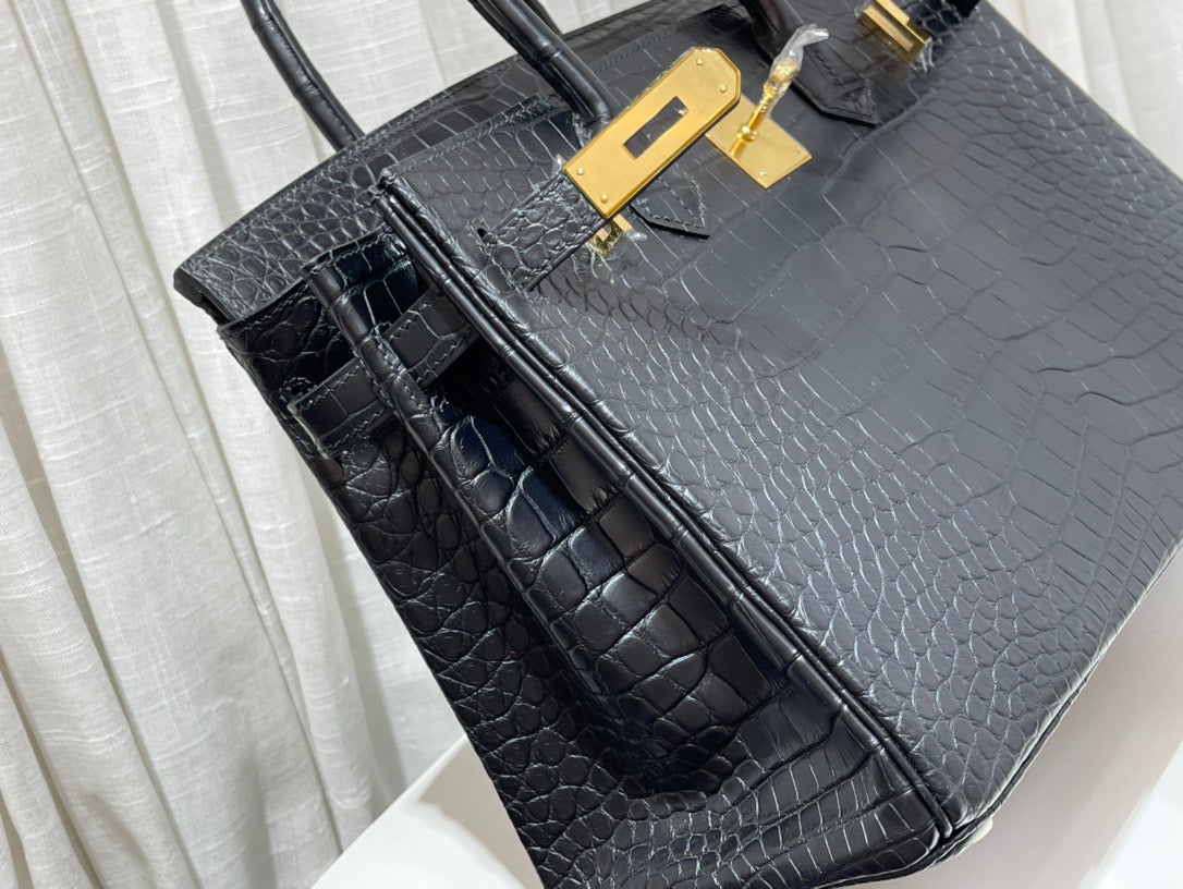 Hermes Birkin 30 Black Crocodile Leather Bag With Gold Hardware