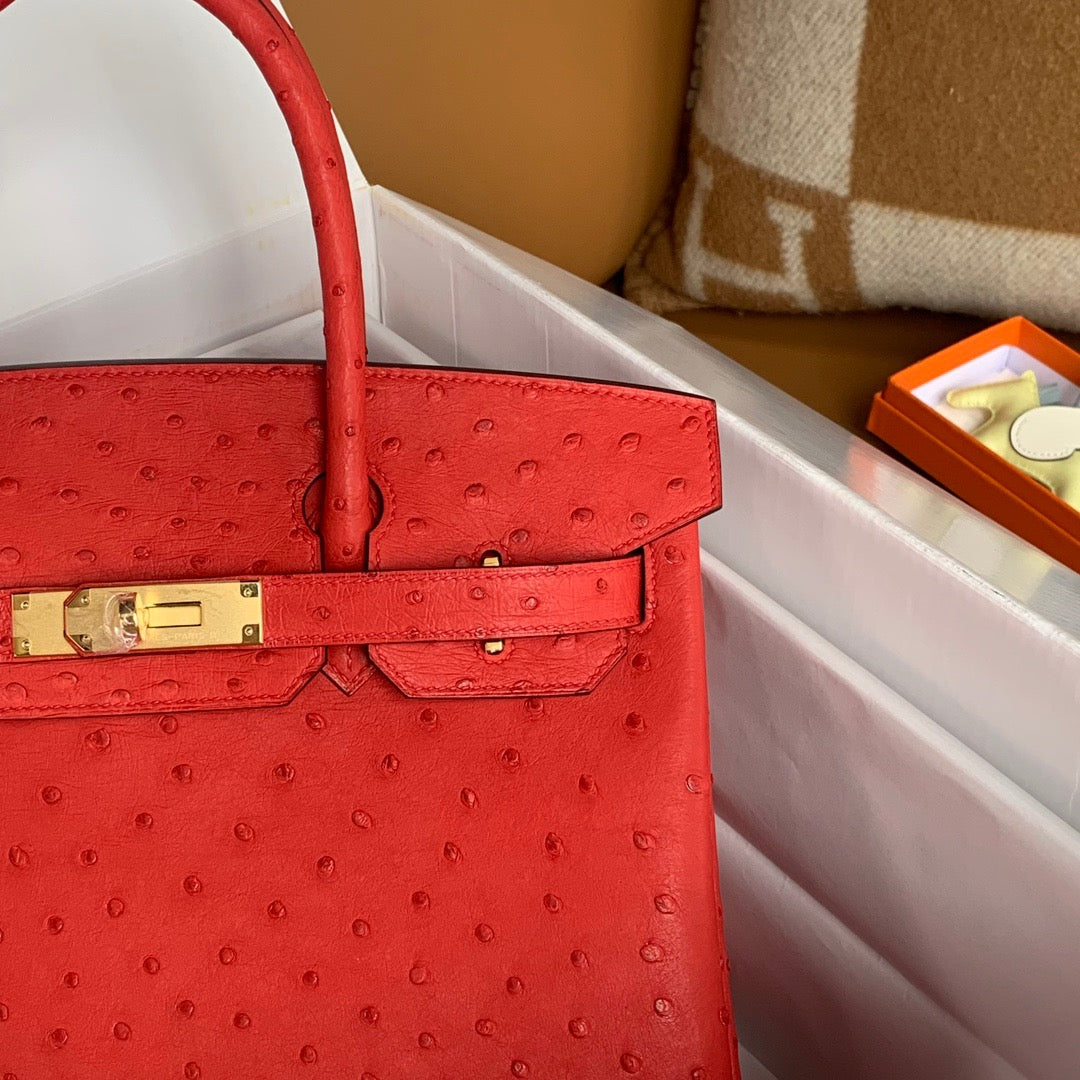 Hermes Birkin 30 Ostrich Leather Red With Gold Hardware (GHW)