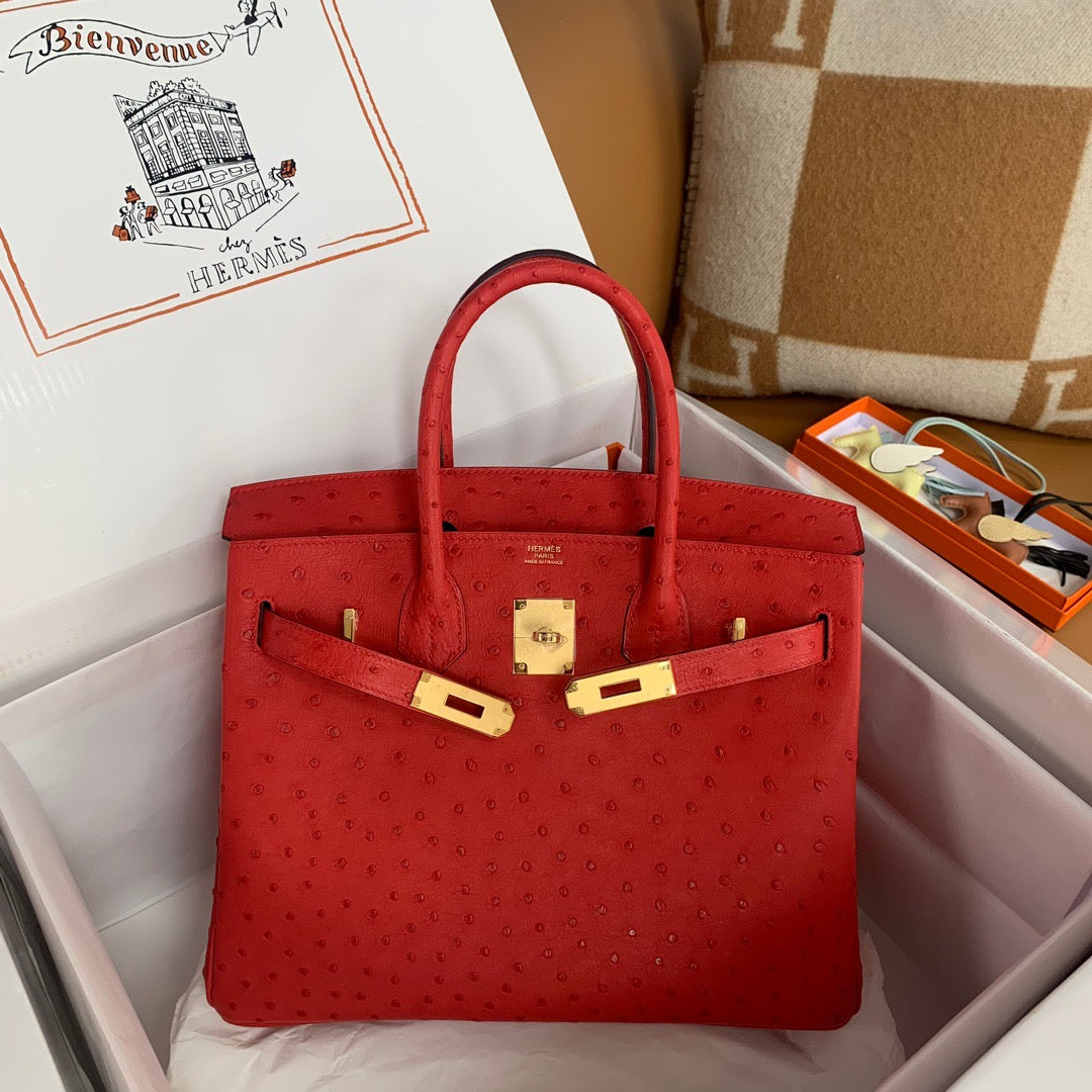 Hermes Birkin 30 Ostrich Leather Red With Gold Hardware (GHW)