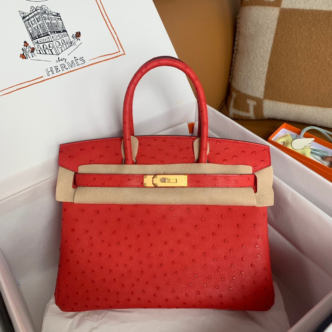 Hermes Birkin 30 Ostrich Leather Red With Gold Hardware (GHW)