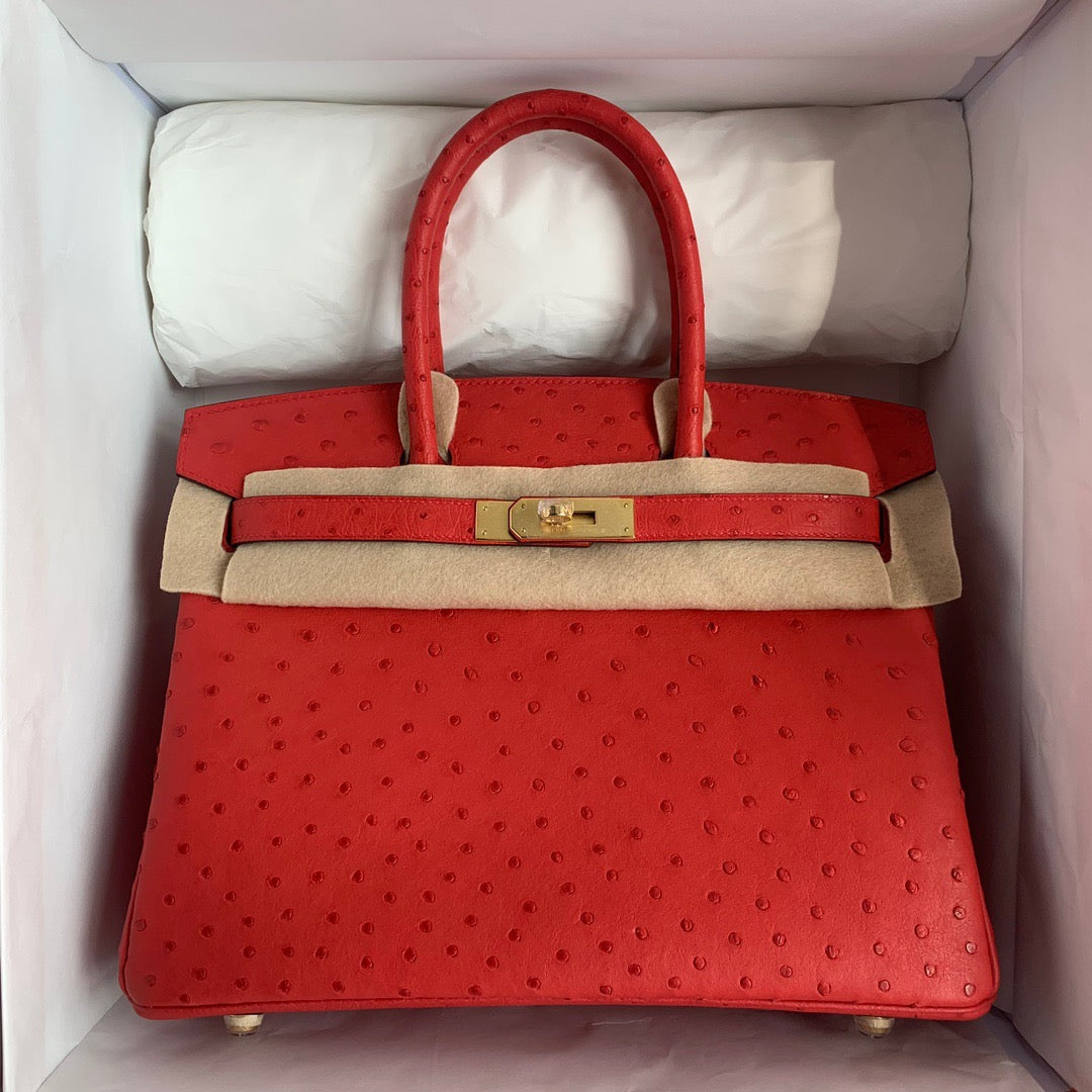 Hermes Birkin 30 Ostrich Leather Red With Gold Hardware (GHW)