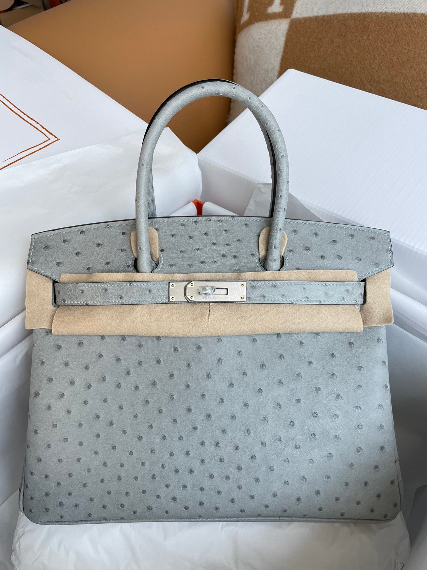 Hermes Birkin 30 Ostrich Leather Glacier Blue With Gold Hardware (GHW)