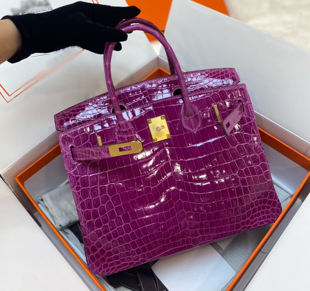 Hermes Birkin 30 Purple Crocodile Leather Bag