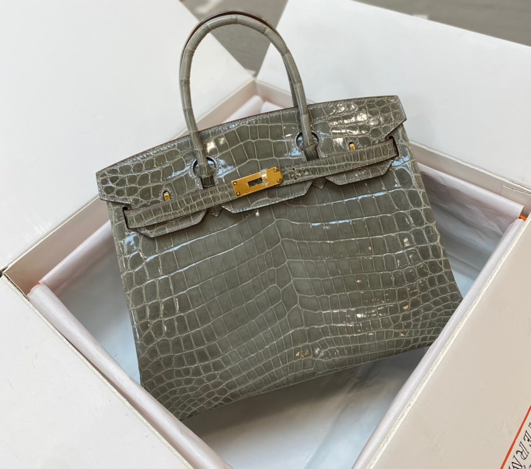 Hermes Birkin 30 Gray Shiny Crocodile Leather Bag